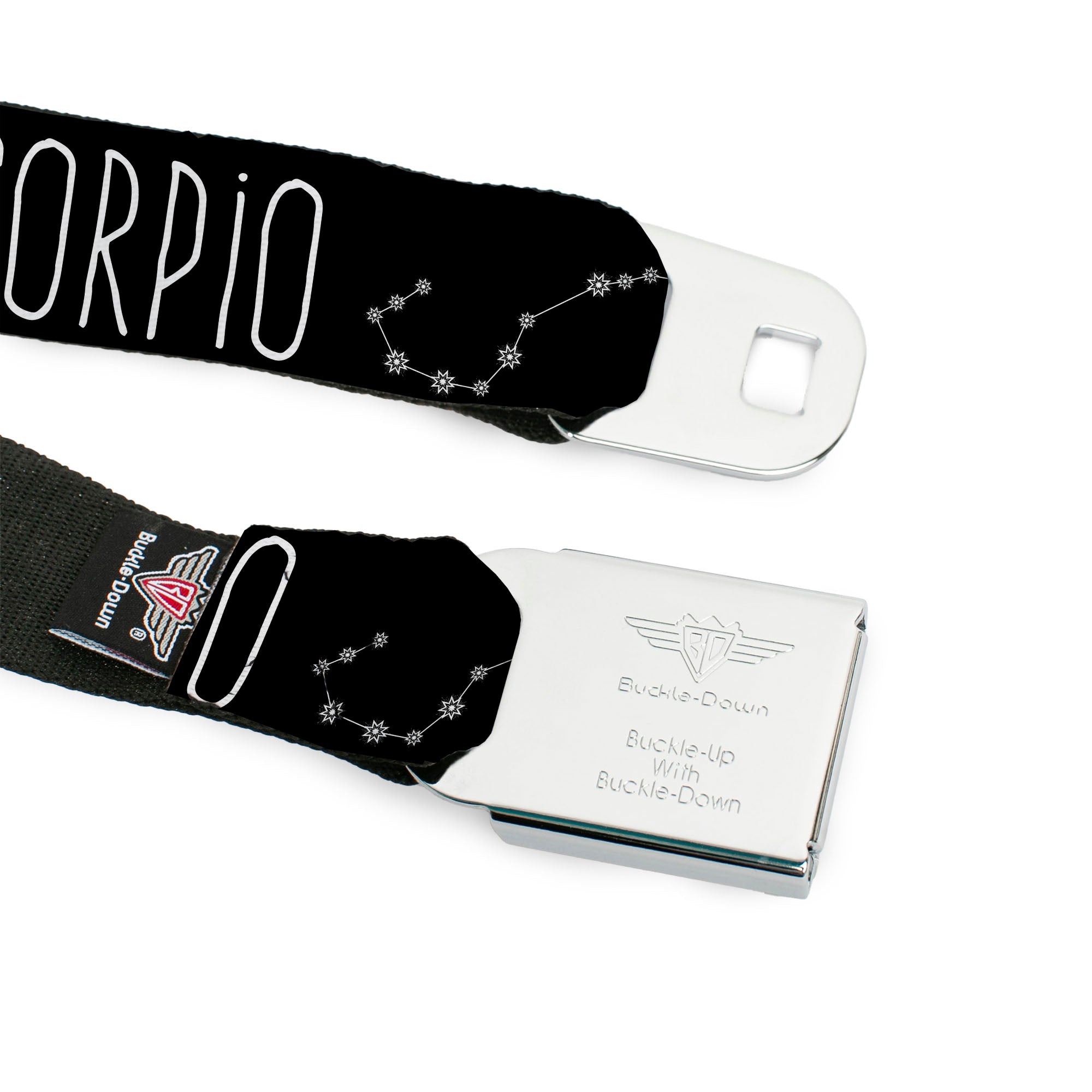 BD Wings Logo CLOSE-UP Full Color Black Silver Seatbelt Belt - Zodiac SCORPIO/Constellation Black/White Webbing Seatbelt Belts Buckle-Down