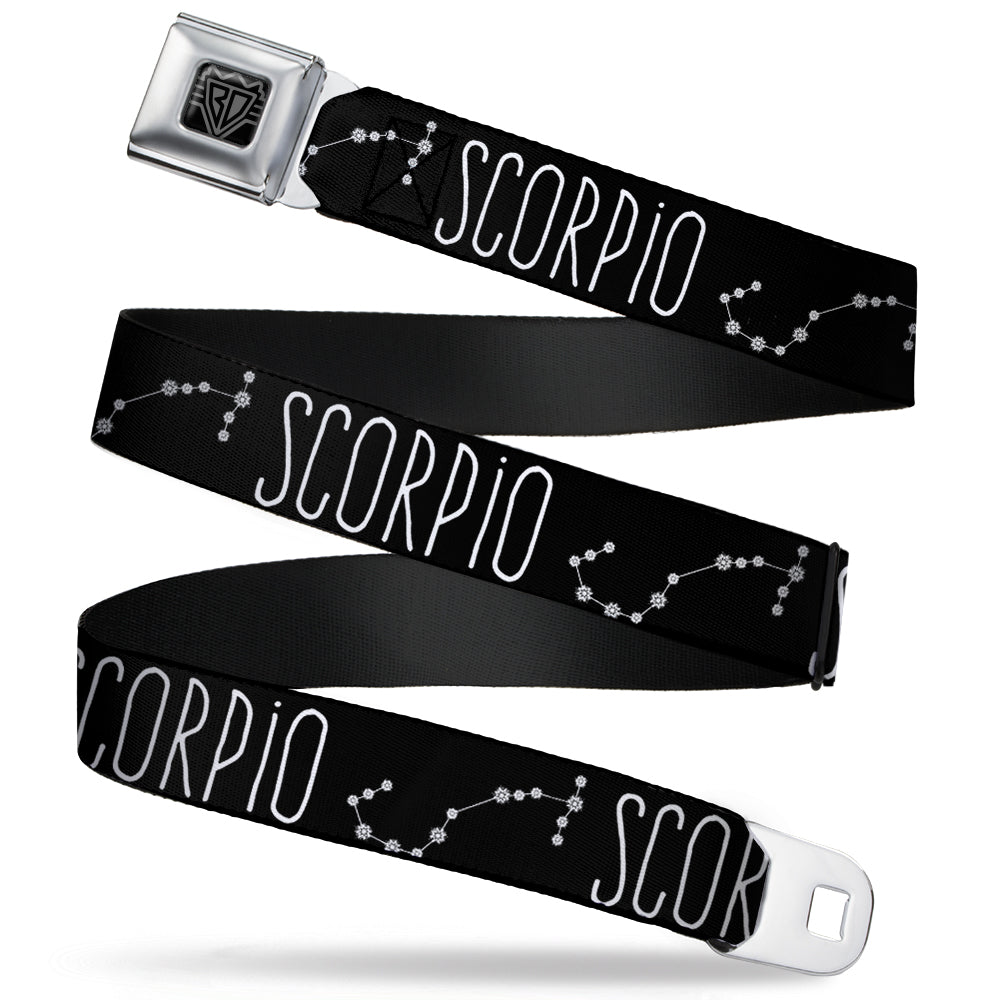 BD Wings Logo CLOSE-UP Full Color Black Silver Seatbelt Belt - Zodiac SCORPIO/Constellation Black/White Webbing Seatbelt Belts Buckle-Down