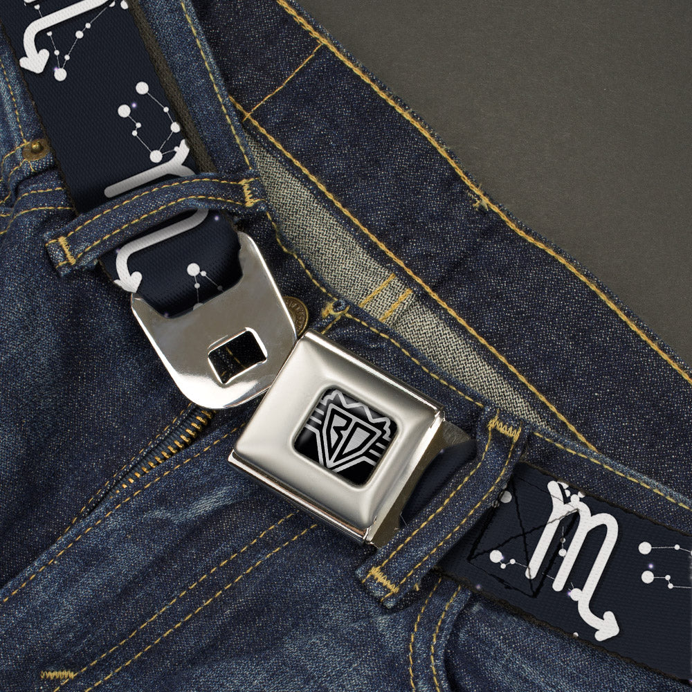 BD Wings Logo CLOSE-UP Full Color Black Silver Seatbelt Belt - Zodiac Scorpio Symbol/Constellations Black/White Webbing Seatbelt Belts Buckle-Down