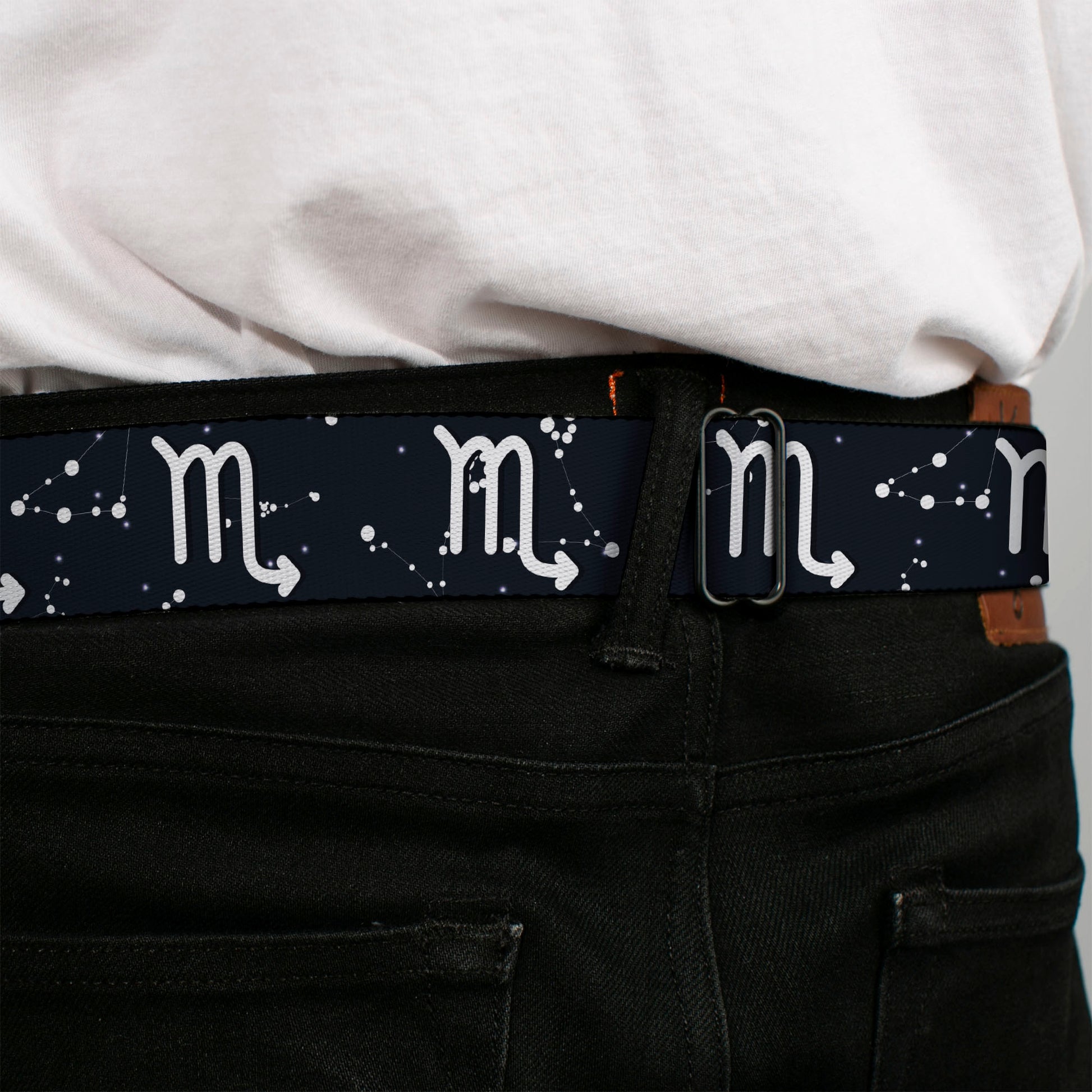BD Wings Logo CLOSE-UP Full Color Black Silver Seatbelt Belt - Zodiac Scorpio Symbol/Constellations Black/White Webbing Seatbelt Belts Buckle-Down