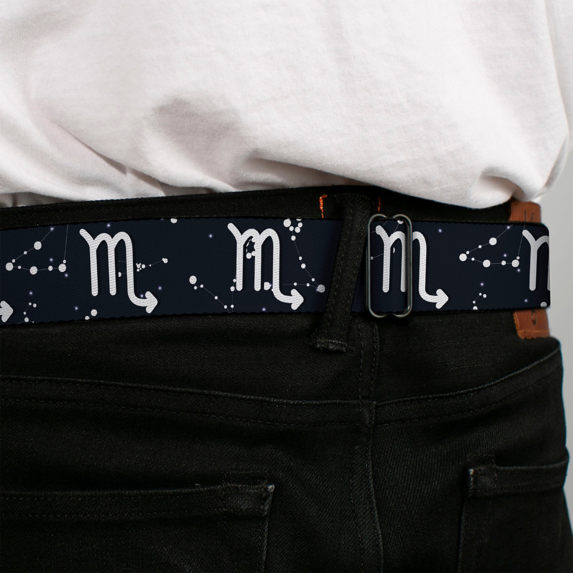 BD Wings Logo CLOSE-UP Full Color Black Silver Seatbelt Belt - Zodiac Scorpio Symbol/Constellations Black/White Webbing Seatbelt Belts Buckle-Down