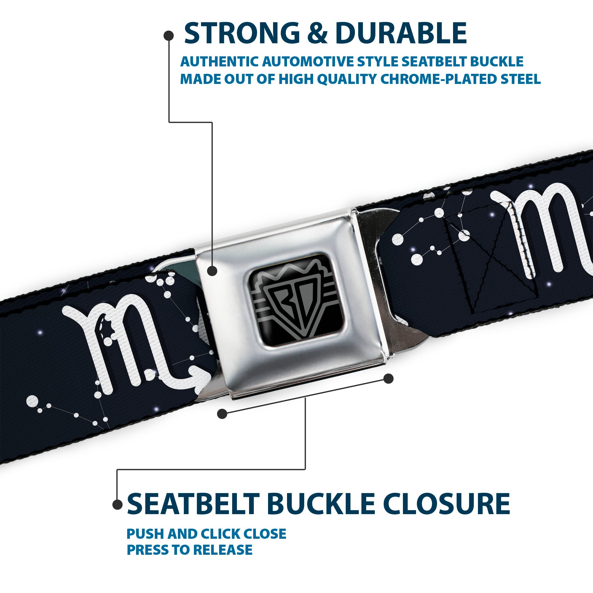 BD Wings Logo CLOSE-UP Full Color Black Silver Seatbelt Belt - Zodiac Scorpio Symbol/Constellations Black/White Webbing Seatbelt Belts Buckle-Down