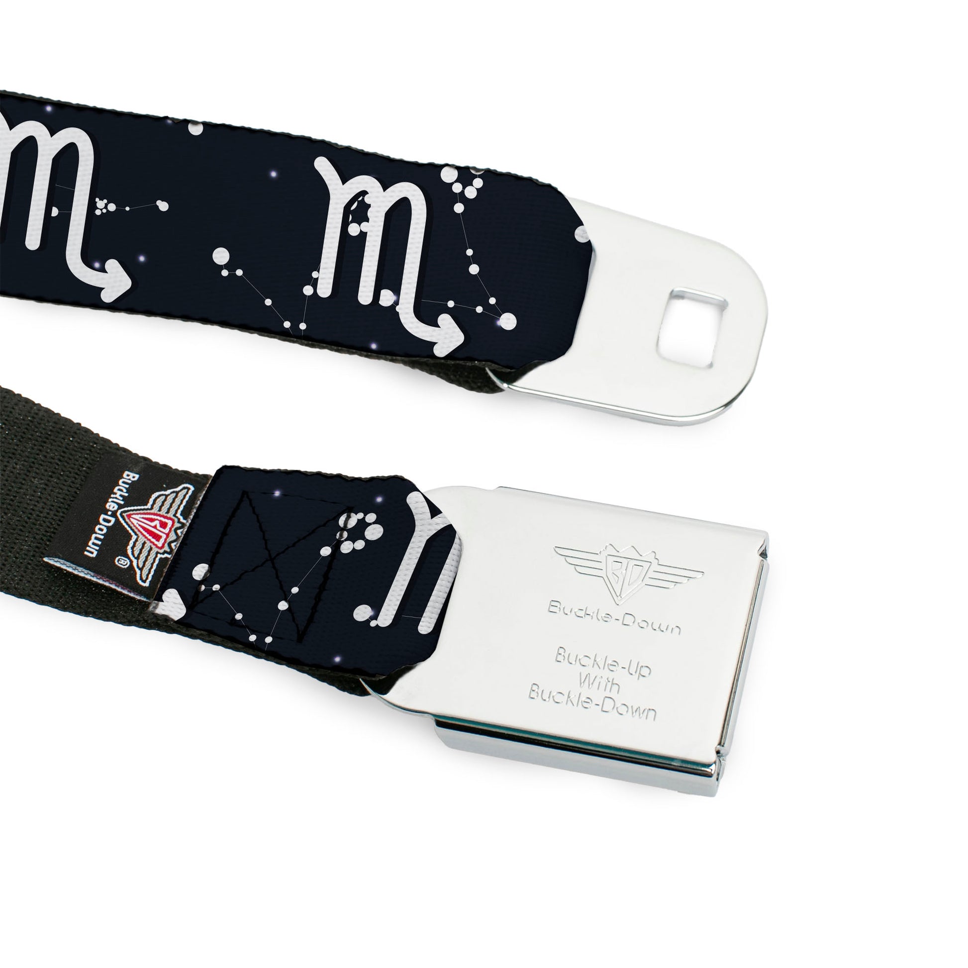 BD Wings Logo CLOSE-UP Full Color Black Silver Seatbelt Belt - Zodiac Scorpio Symbol/Constellations Black/White Webbing Seatbelt Belts Buckle-Down