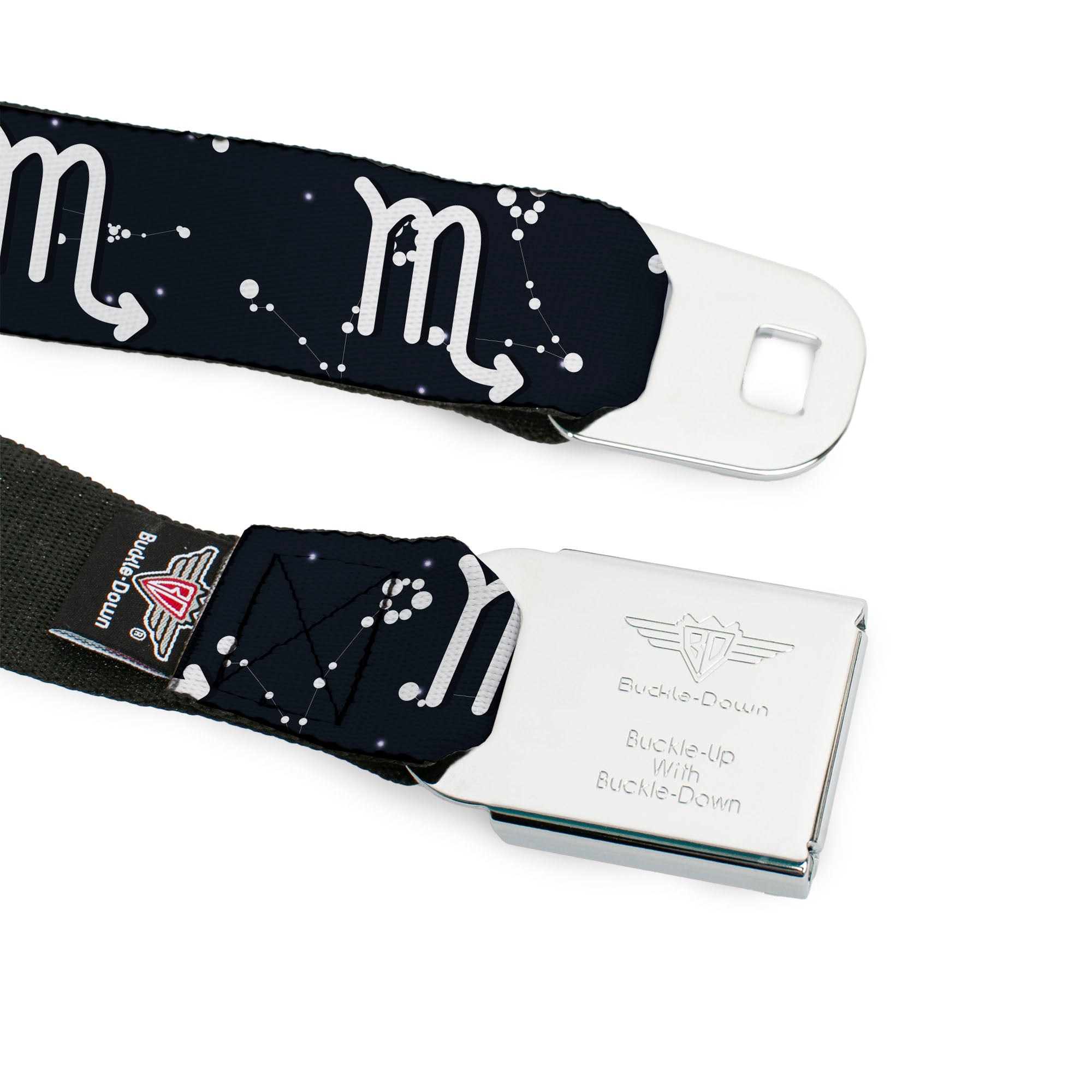 BD Wings Logo CLOSE-UP Full Color Black Silver Seatbelt Belt - Zodiac Scorpio Symbol/Constellations Black/White Webbing Seatbelt Belts Buckle-Down