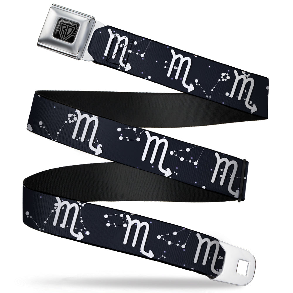 BD Wings Logo CLOSE-UP Full Color Black Silver Seatbelt Belt - Zodiac Scorpio Symbol/Constellations Black/White Webbing Seatbelt Belts Buckle-Down