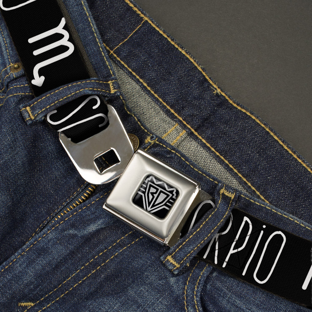 BD Wings Logo CLOSE-UP Full Color Black Silver Seatbelt Belt - Zodiac SCORPIO/Symbol Black/White Webbing Seatbelt Belts Buckle-Down