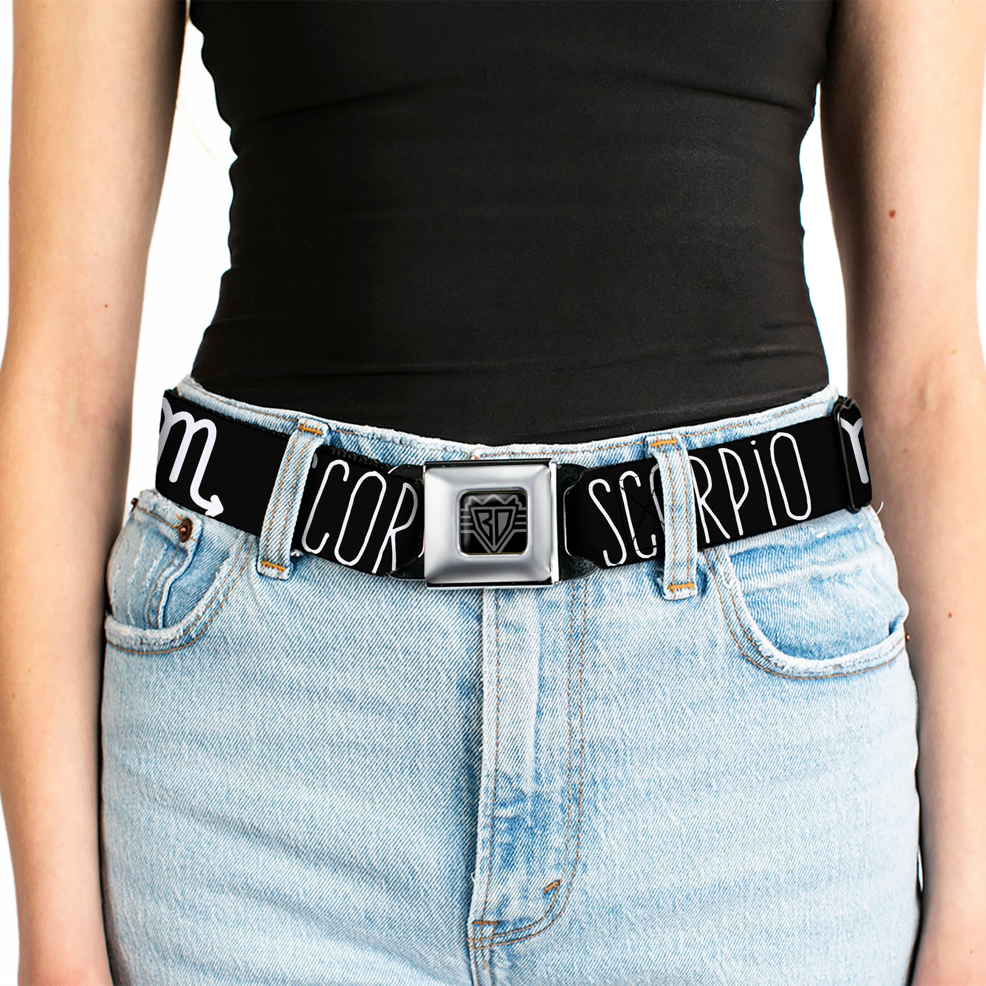 BD Wings Logo CLOSE-UP Full Color Black Silver Seatbelt Belt - Zodiac SCORPIO/Symbol Black/White Webbing Seatbelt Belts Buckle-Down