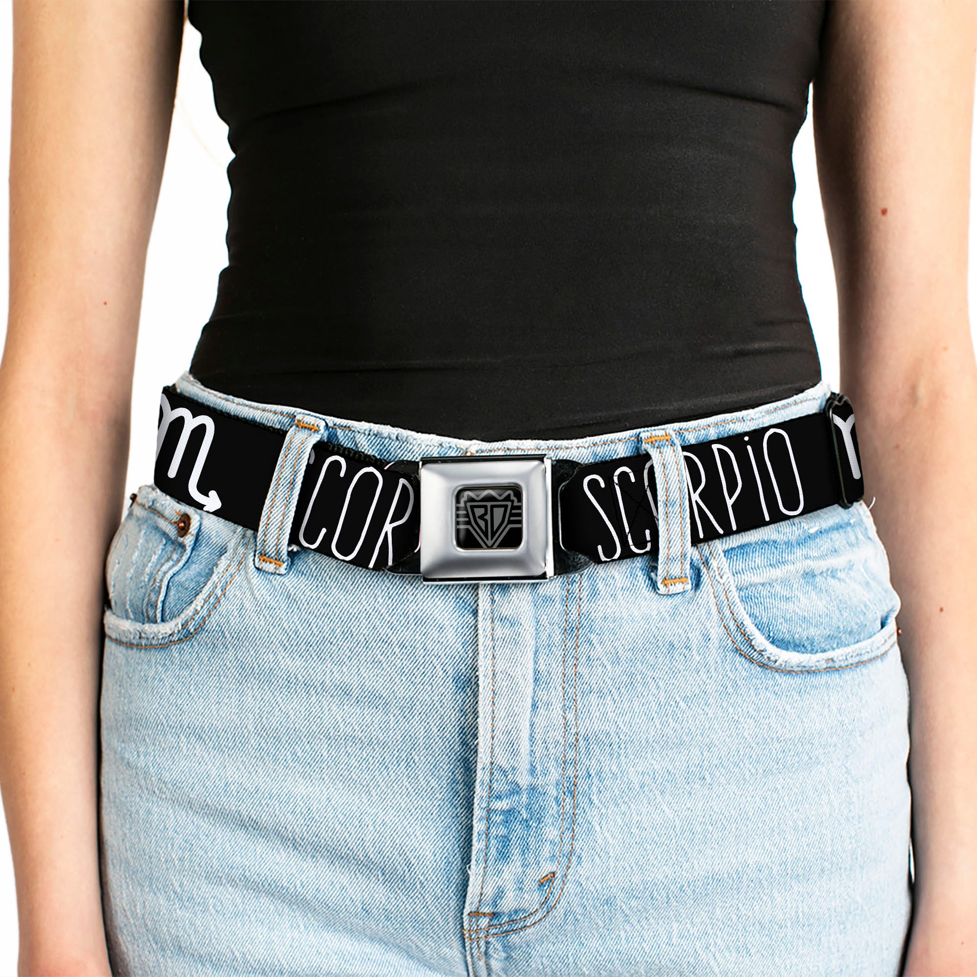 BD Wings Logo CLOSE-UP Full Color Black Silver Seatbelt Belt - Zodiac SCORPIO/Symbol Black/White Webbing Seatbelt Belts Buckle-Down
