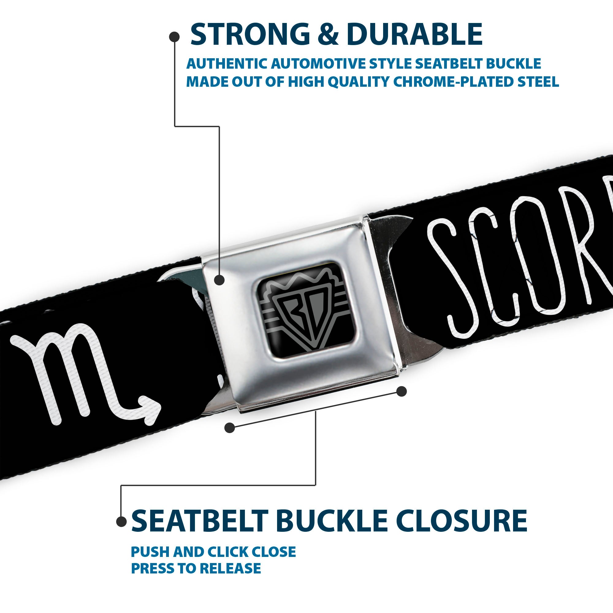 BD Wings Logo CLOSE-UP Full Color Black Silver Seatbelt Belt - Zodiac SCORPIO/Symbol Black/White Webbing Seatbelt Belts Buckle-Down