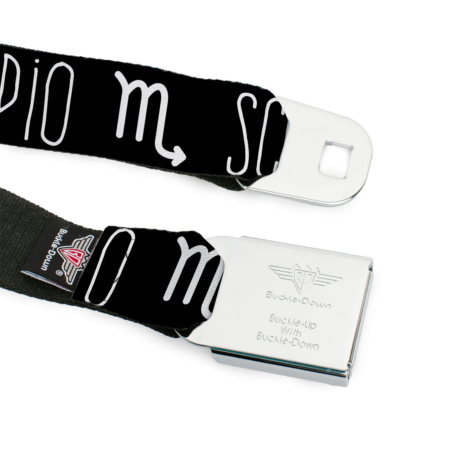 BD Wings Logo CLOSE-UP Full Color Black Silver Seatbelt Belt - Zodiac SCORPIO/Symbol Black/White Webbing Seatbelt Belts Buckle-Down