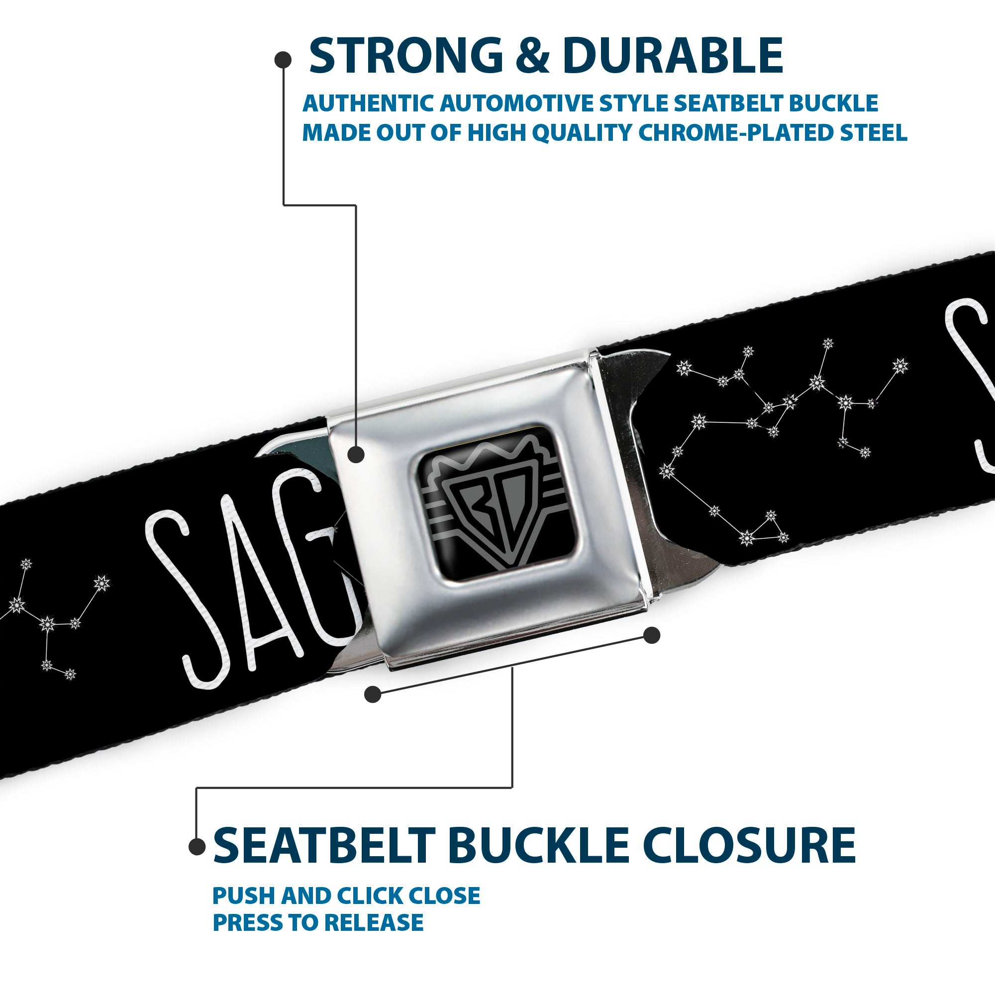 BD Wings Logo CLOSE-UP Full Color Black Silver Seatbelt Belt - Zodiac SAGITTARIUS/Constellation Black/White Webbing Seatbelt Belts Buckle-Down