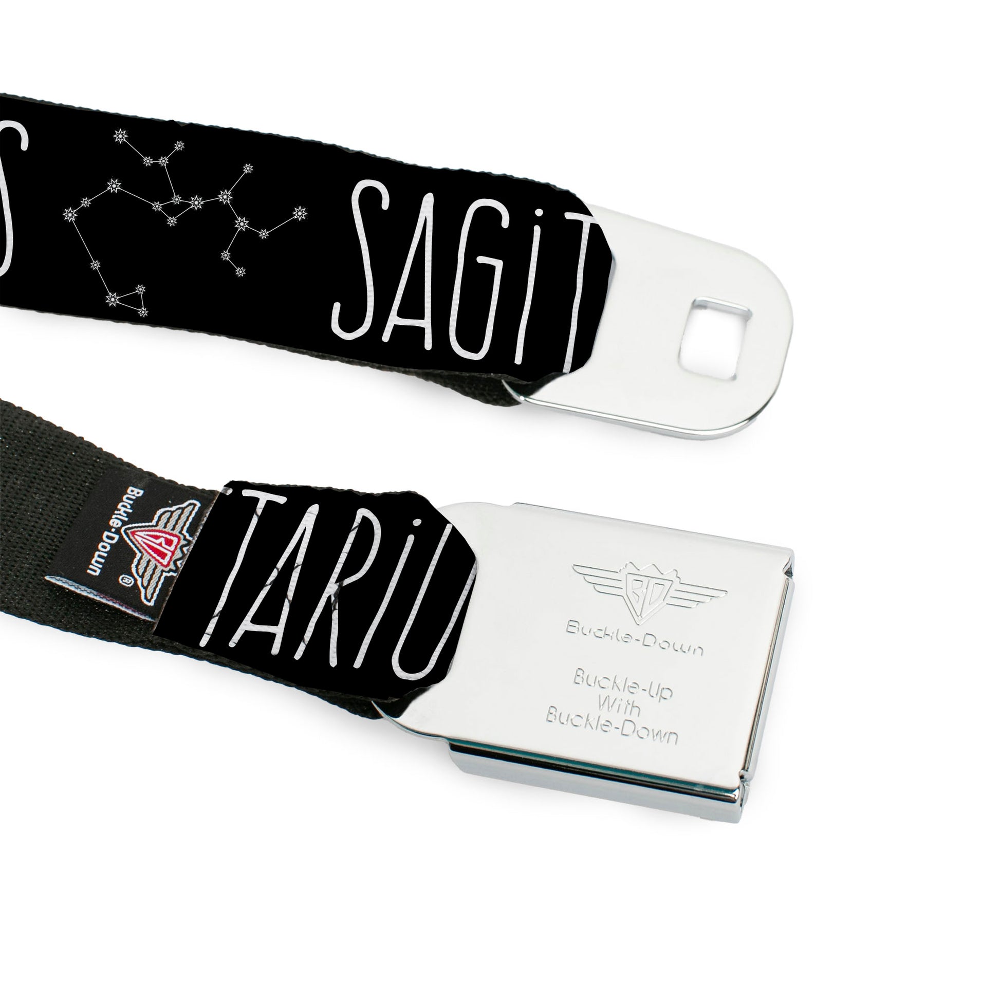 BD Wings Logo CLOSE-UP Full Color Black Silver Seatbelt Belt - Zodiac SAGITTARIUS/Constellation Black/White Webbing Seatbelt Belts Buckle-Down