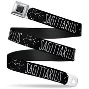 BD Wings Logo CLOSE-UP Full Color Black Silver Seatbelt Belt - Zodiac SAGITTARIUS/Constellation Black/White Webbing Seatbelt Belts Buckle-Down