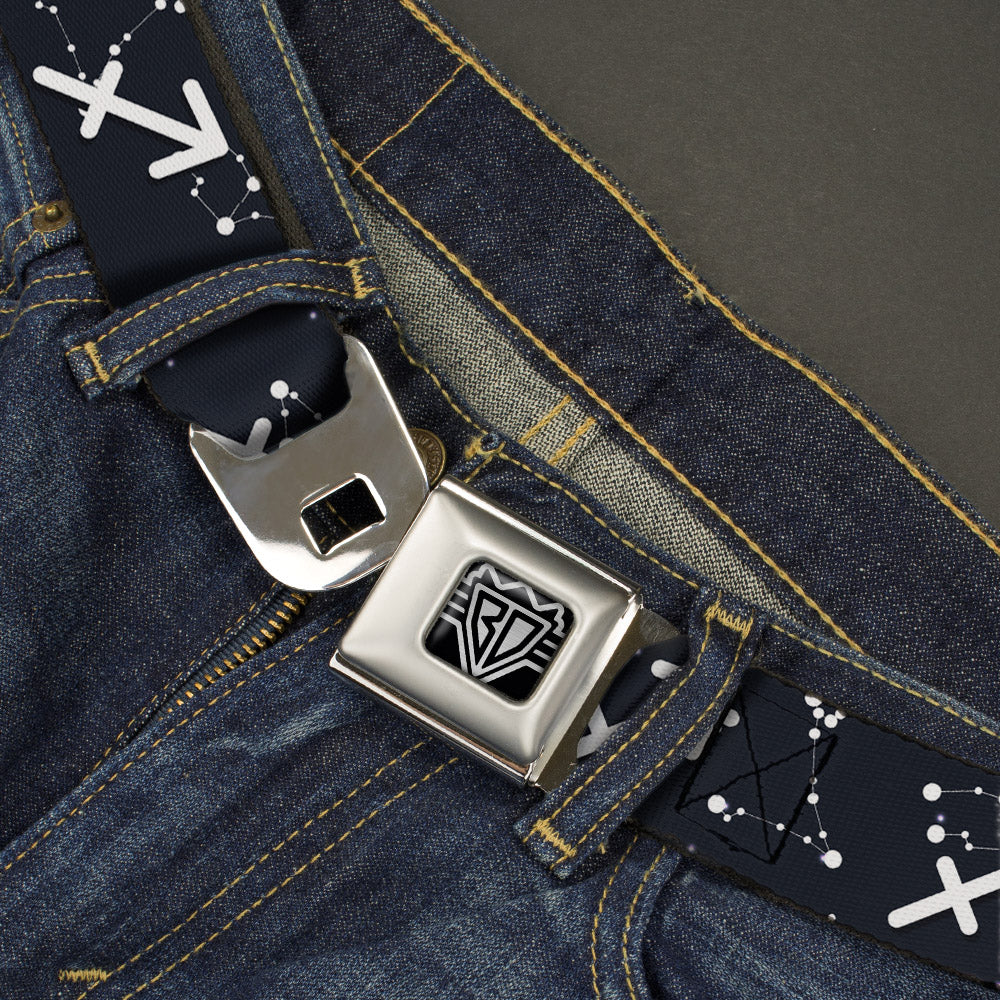 BD Wings Logo CLOSE-UP Full Color Black Silver Seatbelt Belt - Zodiac Sagittarius Symbol/Constellations Black/White Webbing Seatbelt Belts Buckle-Down