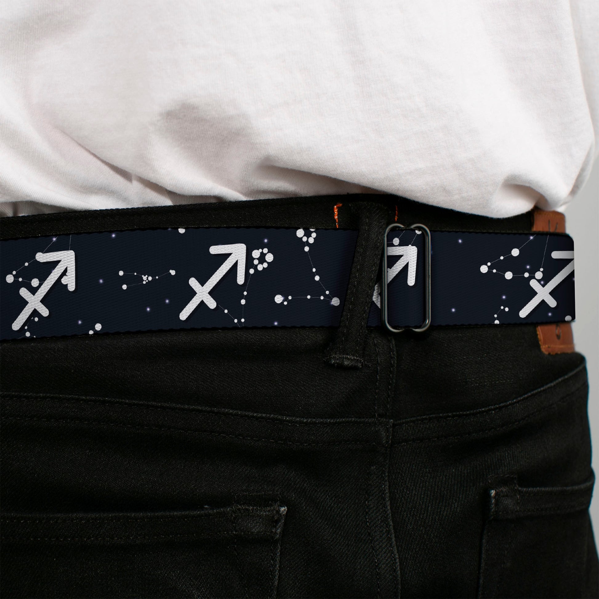 BD Wings Logo CLOSE-UP Full Color Black Silver Seatbelt Belt - Zodiac Sagittarius Symbol/Constellations Black/White Webbing Seatbelt Belts Buckle-Down