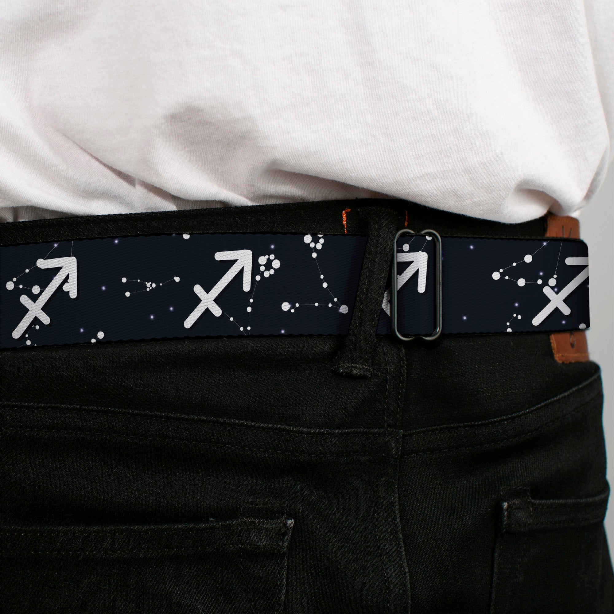 BD Wings Logo CLOSE-UP Full Color Black Silver Seatbelt Belt - Zodiac Sagittarius Symbol/Constellations Black/White Webbing Seatbelt Belts Buckle-Down