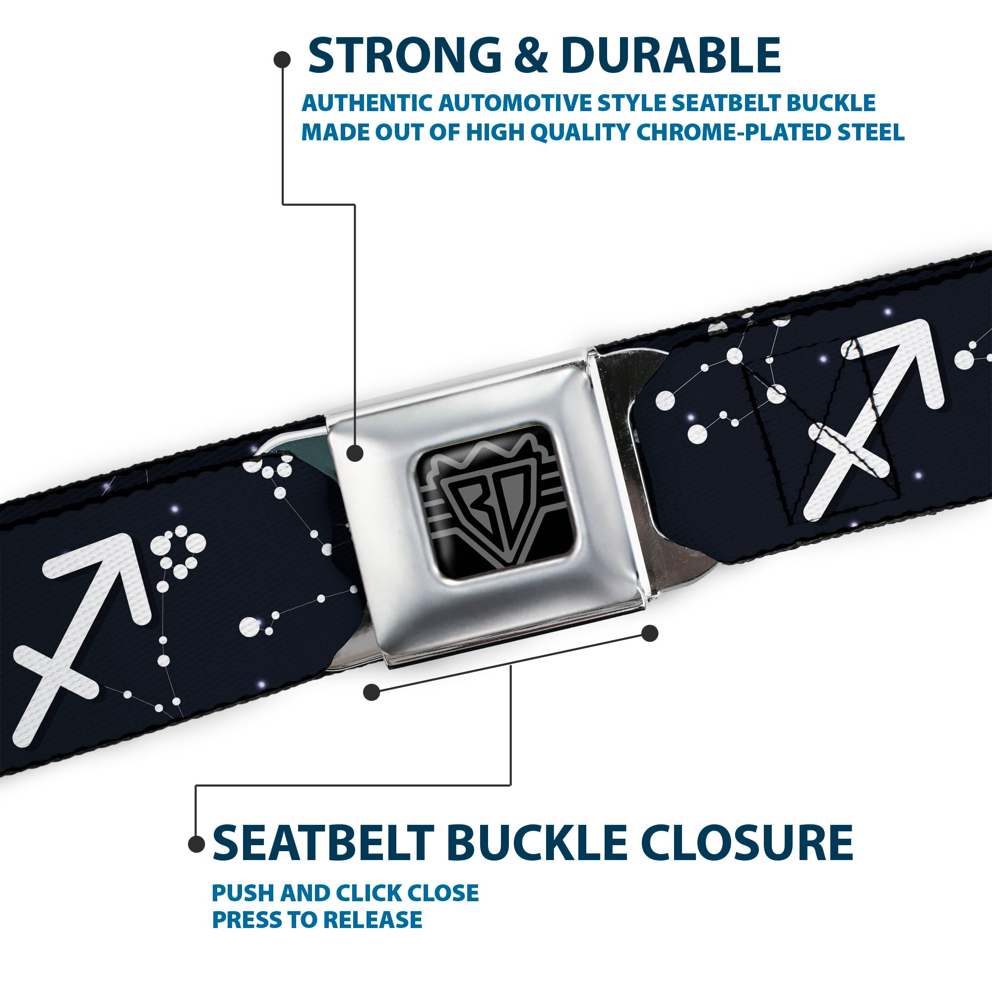 BD Wings Logo CLOSE-UP Full Color Black Silver Seatbelt Belt - Zodiac Sagittarius Symbol/Constellations Black/White Webbing Seatbelt Belts Buckle-Down