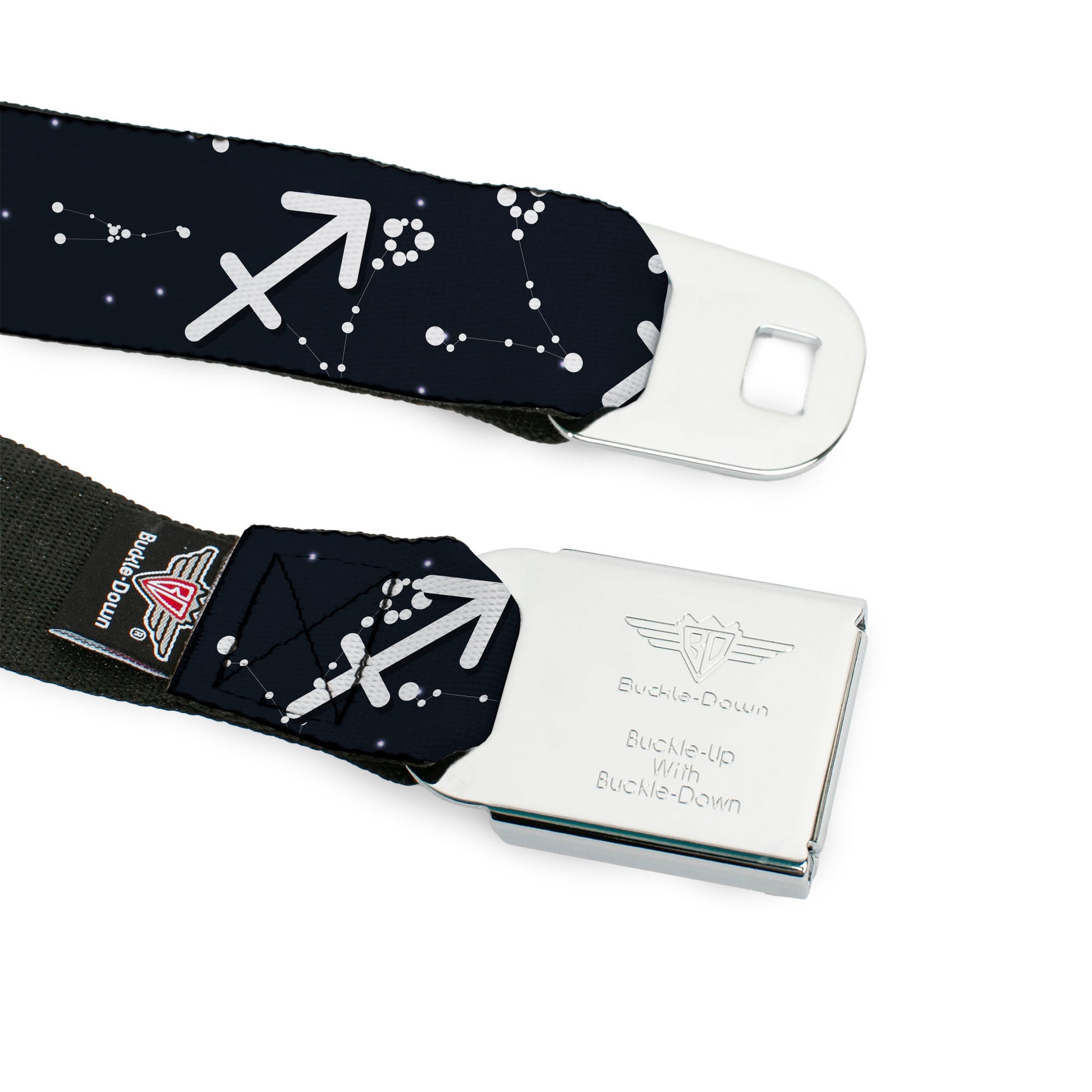 BD Wings Logo CLOSE-UP Full Color Black Silver Seatbelt Belt - Zodiac Sagittarius Symbol/Constellations Black/White Webbing Seatbelt Belts Buckle-Down