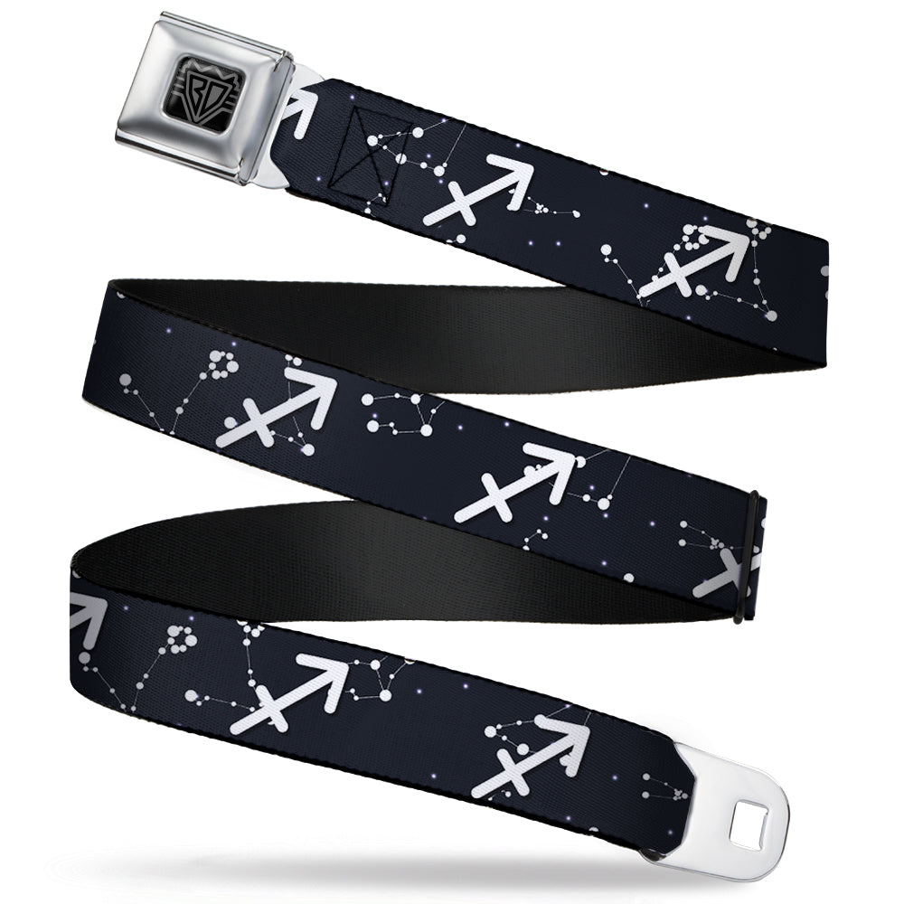 BD Wings Logo CLOSE-UP Full Color Black Silver Seatbelt Belt - Zodiac Sagittarius Symbol/Constellations Black/White Webbing Seatbelt Belts Buckle-Down