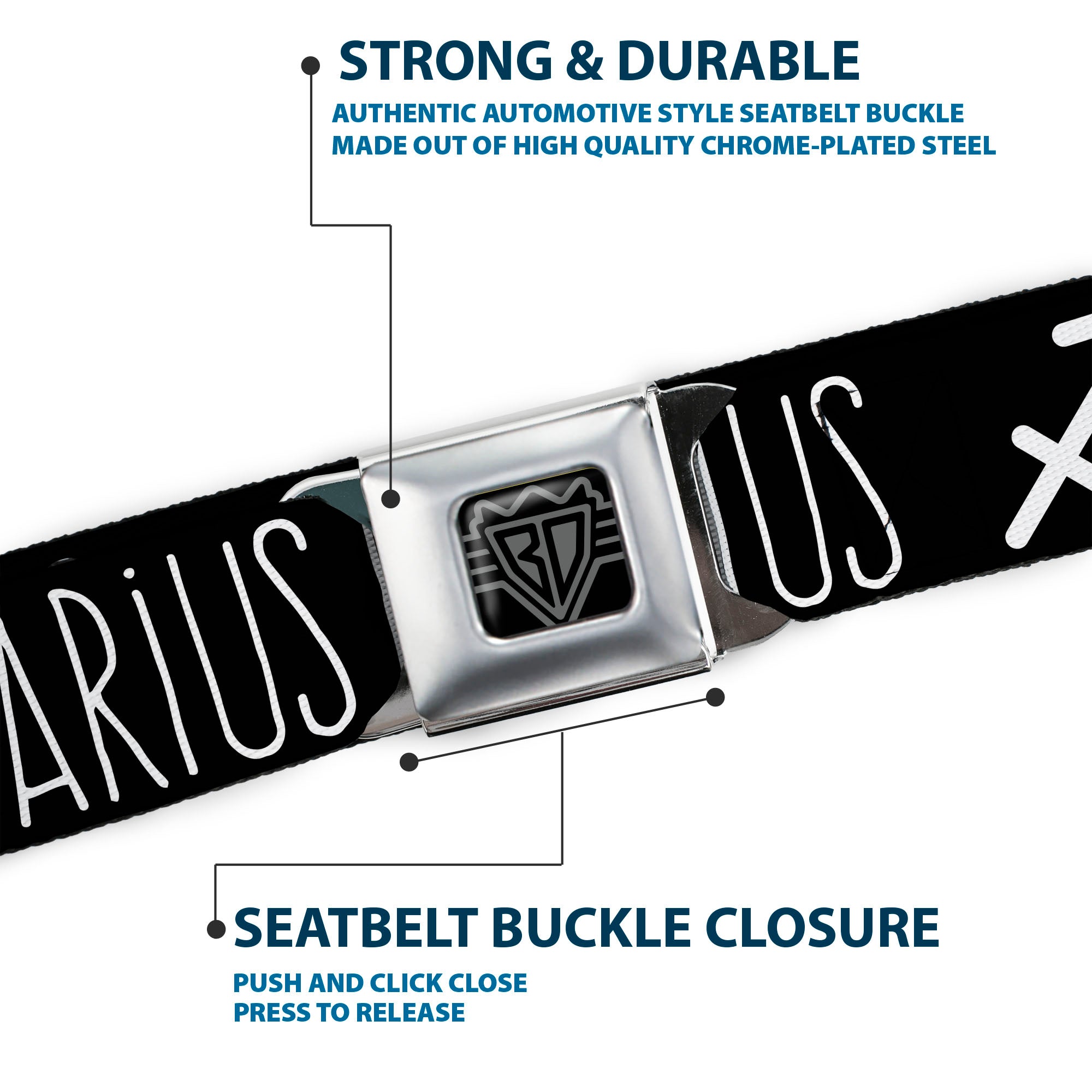 BD Wings Logo CLOSE-UP Full Color Black Silver Seatbelt Belt - Zodiac SAGITTARIUS/Symbol Black/White Webbing Seatbelt Belts Buckle-Down
