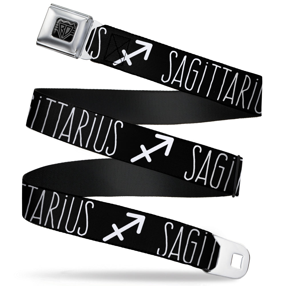 BD Wings Logo CLOSE-UP Full Color Black Silver Seatbelt Belt - Zodiac SAGITTARIUS/Symbol Black/White Webbing Seatbelt Belts Buckle-Down