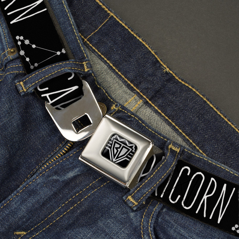 BD Wings Logo CLOSE-UP Full Color Black Silver Seatbelt Belt - Zodiac CAPRICORN/Constellation Black/White Webbing Seatbelt Belts Buckle-Down