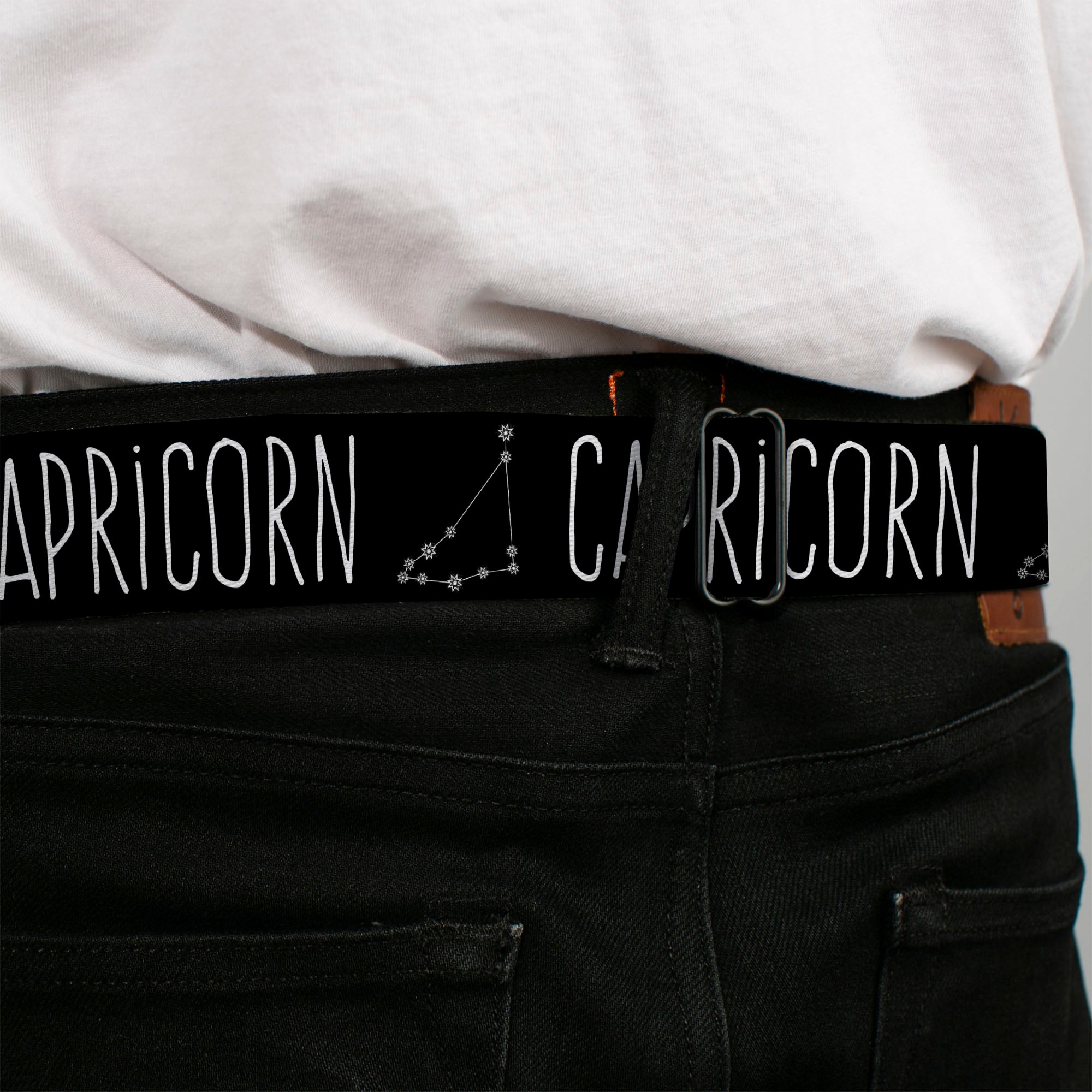 BD Wings Logo CLOSE-UP Full Color Black Silver Seatbelt Belt - Zodiac CAPRICORN/Constellation Black/White Webbing Seatbelt Belts Buckle-Down