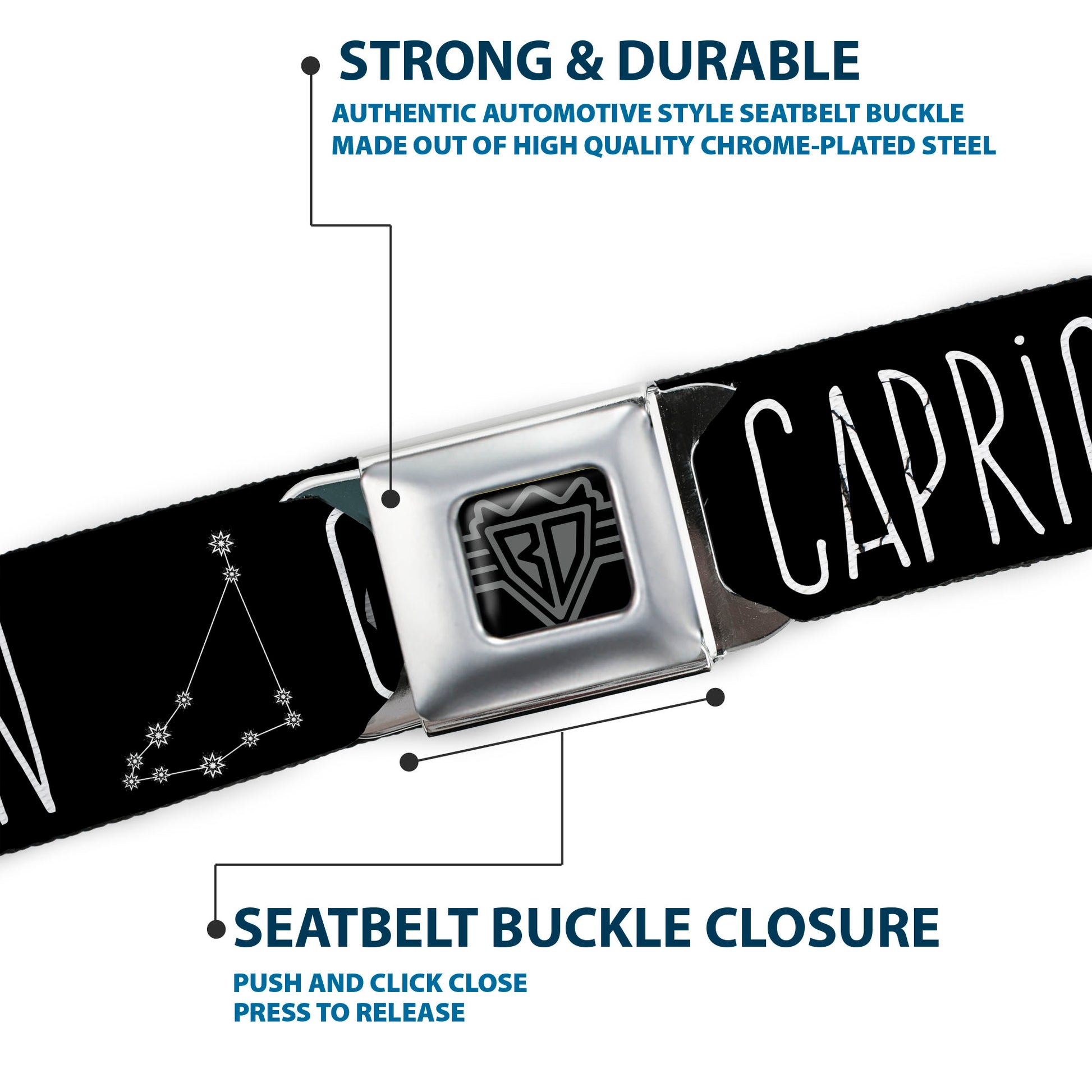 BD Wings Logo CLOSE-UP Full Color Black Silver Seatbelt Belt - Zodiac CAPRICORN/Constellation Black/White Webbing Seatbelt Belts Buckle-Down