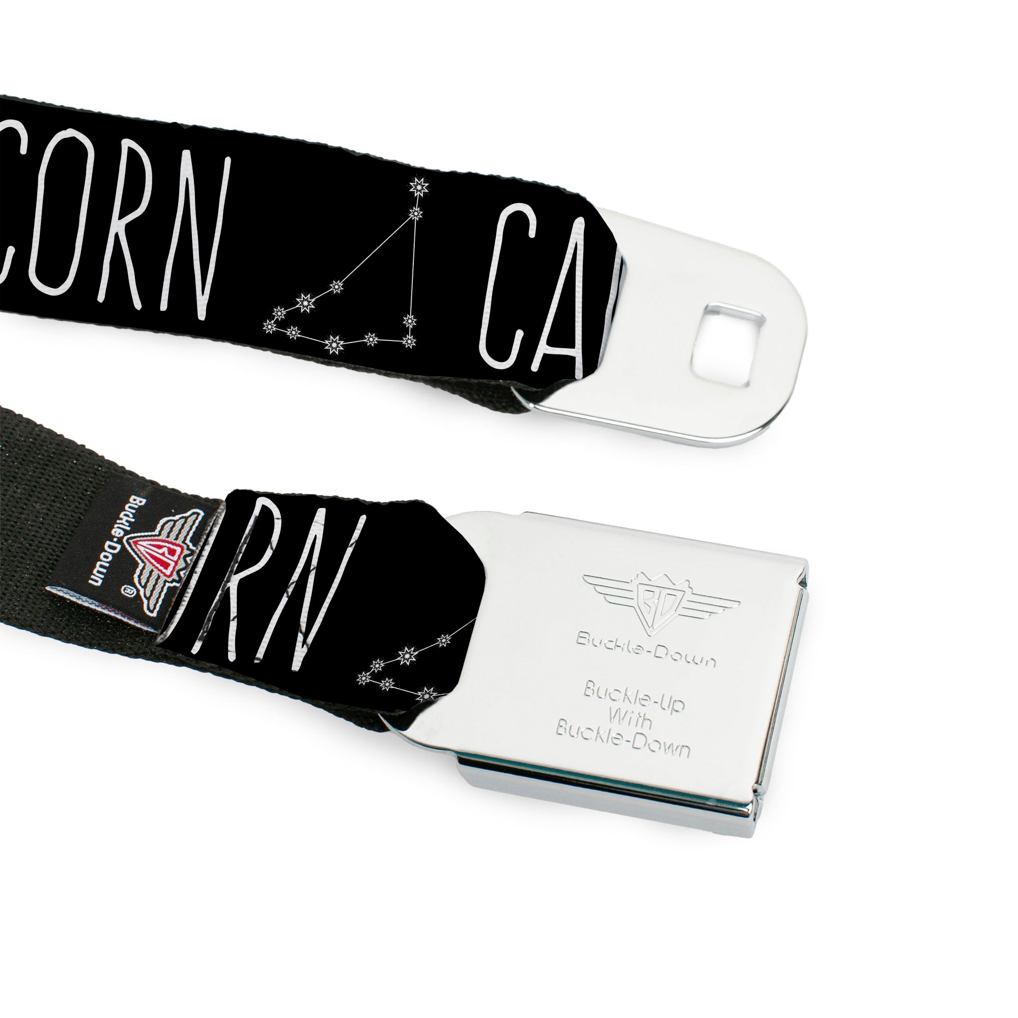 BD Wings Logo CLOSE-UP Full Color Black Silver Seatbelt Belt - Zodiac CAPRICORN/Constellation Black/White Webbing Seatbelt Belts Buckle-Down