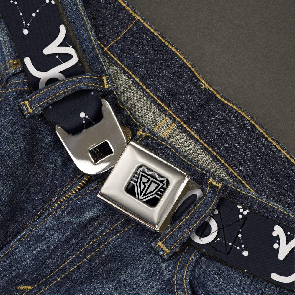BD Wings Logo CLOSE-UP Full Color Black Silver Seatbelt Belt - Zodiac Capricorn Symbol/Constellations Black/White Webbing Seatbelt Belts Buckle-Down