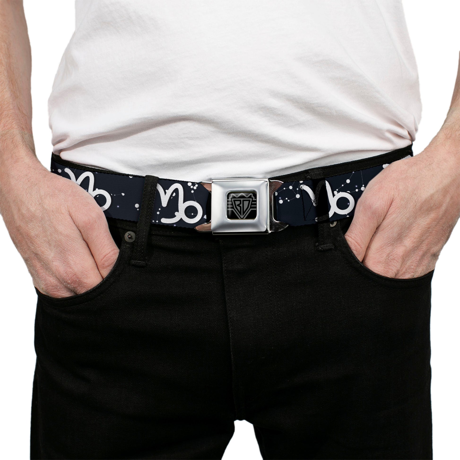 BD Wings Logo CLOSE-UP Full Color Black Silver Seatbelt Belt - Zodiac Capricorn Symbol/Constellations Black/White Webbing Seatbelt Belts Buckle-Down