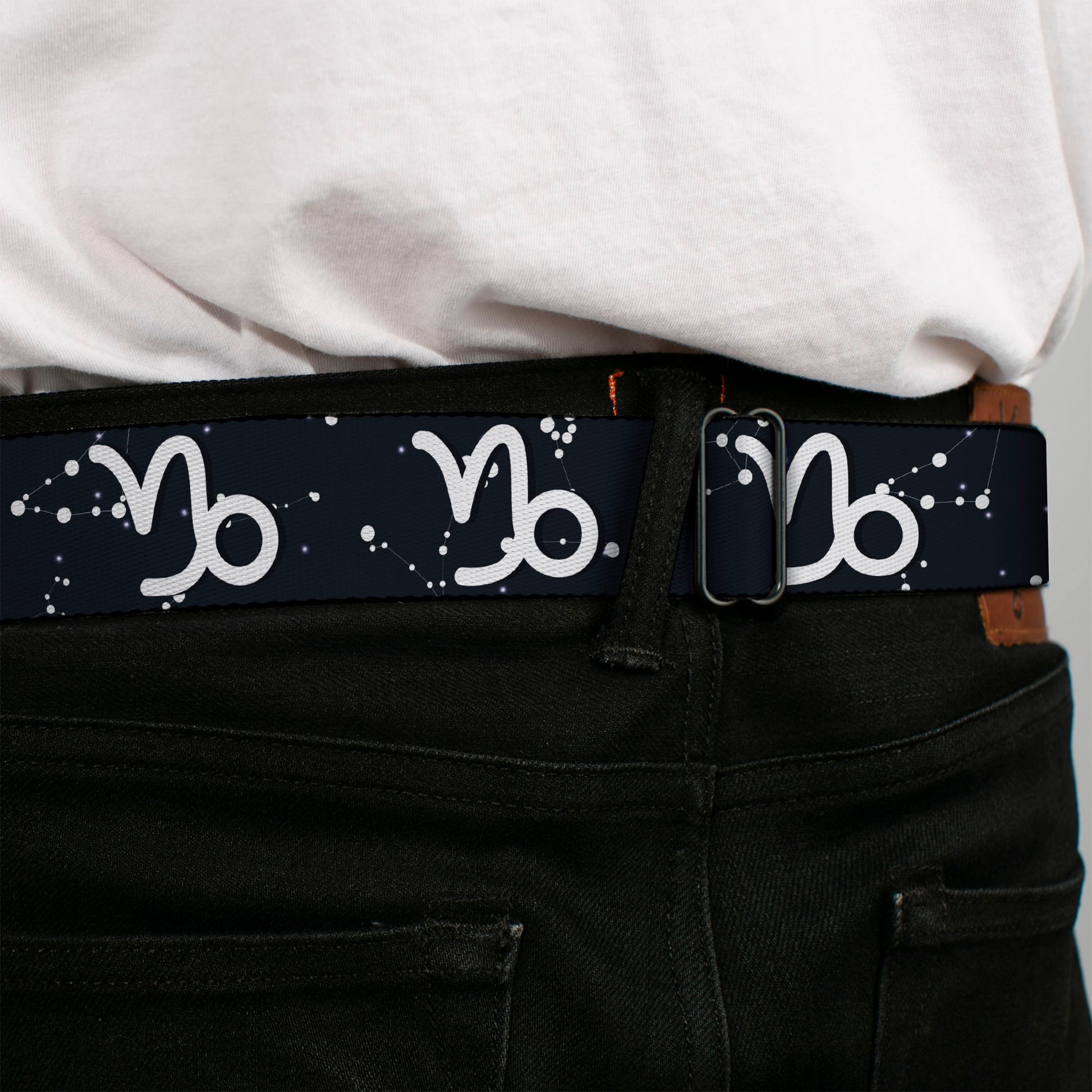 BD Wings Logo CLOSE-UP Full Color Black Silver Seatbelt Belt - Zodiac Capricorn Symbol/Constellations Black/White Webbing Seatbelt Belts Buckle-Down
