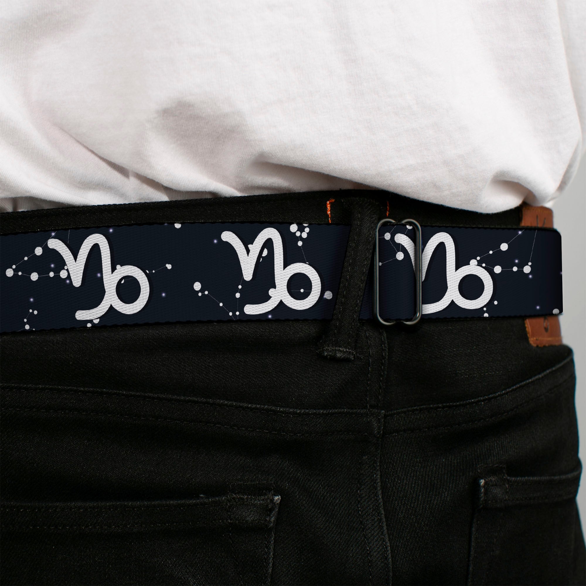 BD Wings Logo CLOSE-UP Full Color Black Silver Seatbelt Belt - Zodiac Capricorn Symbol/Constellations Black/White Webbing Seatbelt Belts Buckle-Down