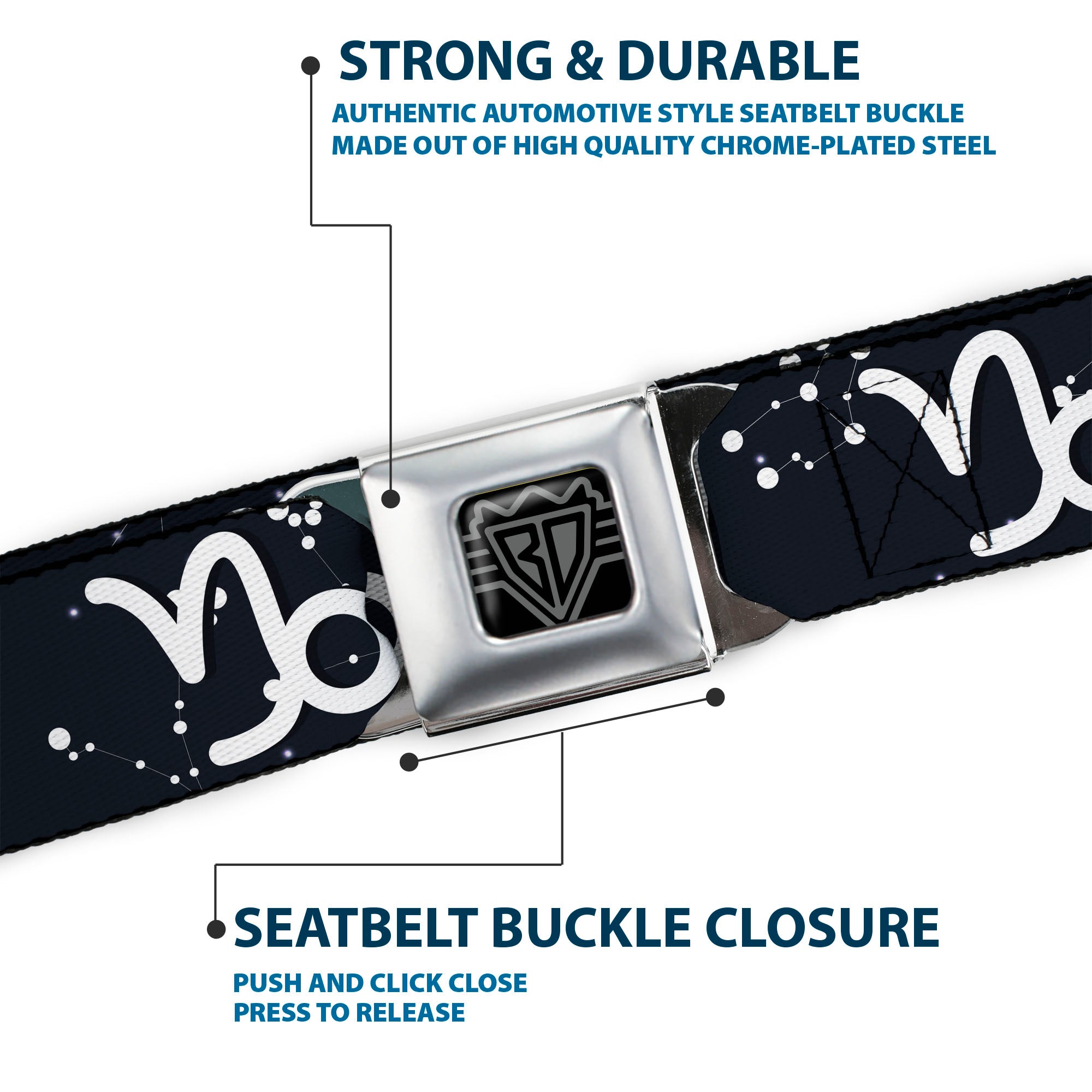 BD Wings Logo CLOSE-UP Full Color Black Silver Seatbelt Belt - Zodiac Capricorn Symbol/Constellations Black/White Webbing Seatbelt Belts Buckle-Down