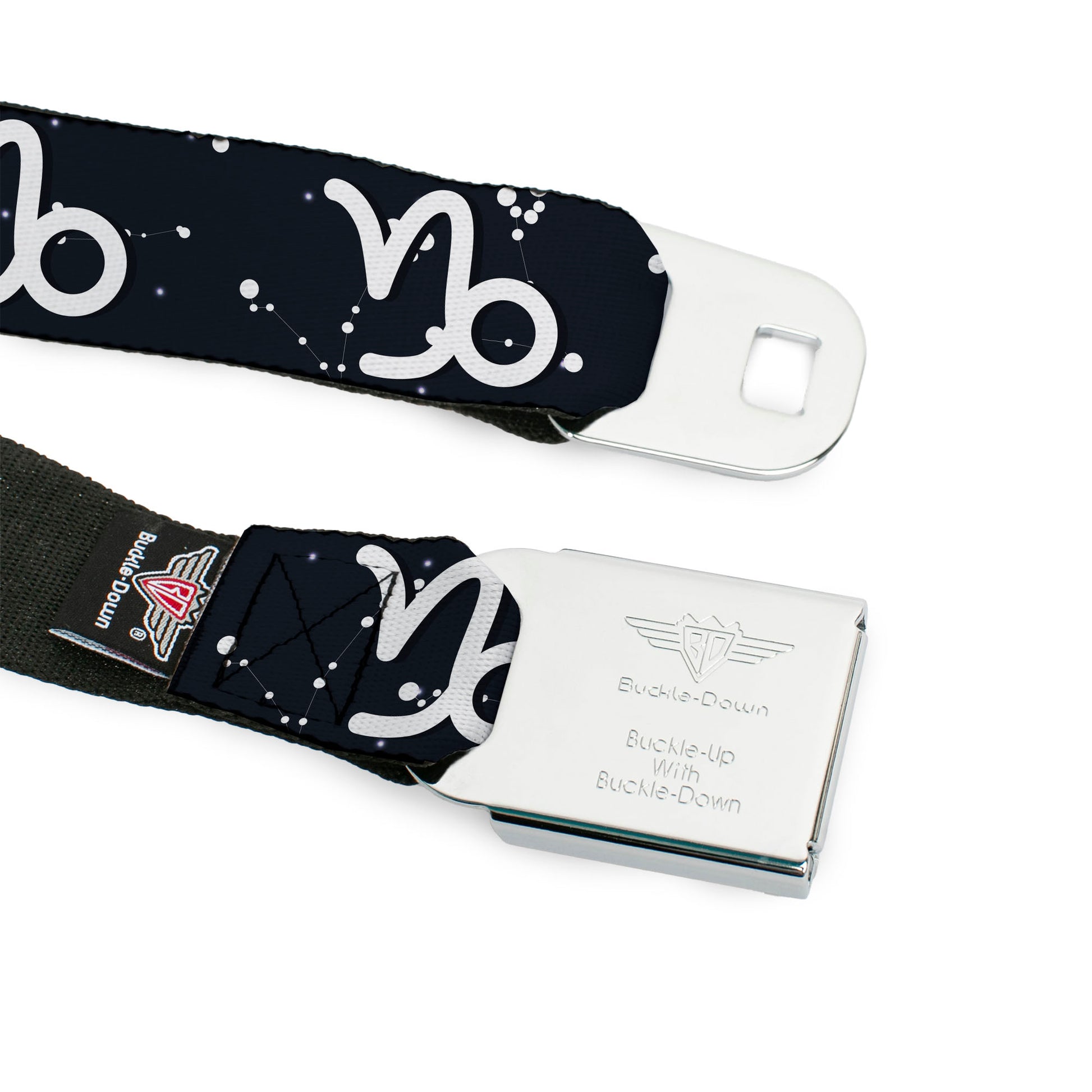 BD Wings Logo CLOSE-UP Full Color Black Silver Seatbelt Belt - Zodiac Capricorn Symbol/Constellations Black/White Webbing Seatbelt Belts Buckle-Down