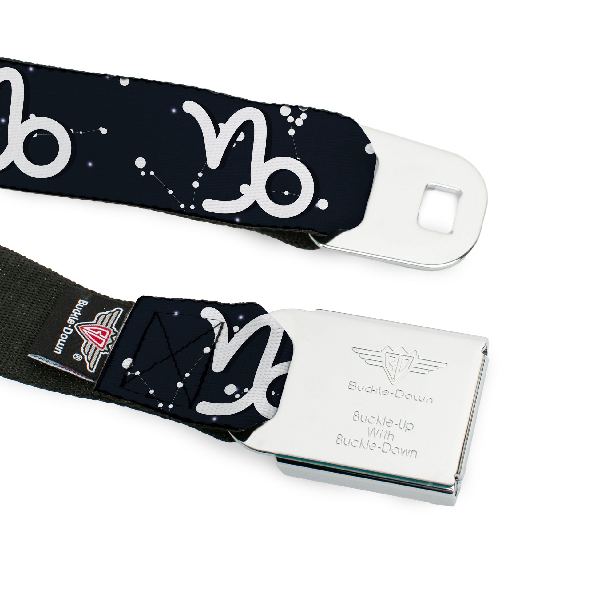 BD Wings Logo CLOSE-UP Full Color Black Silver Seatbelt Belt - Zodiac Capricorn Symbol/Constellations Black/White Webbing Seatbelt Belts Buckle-Down
