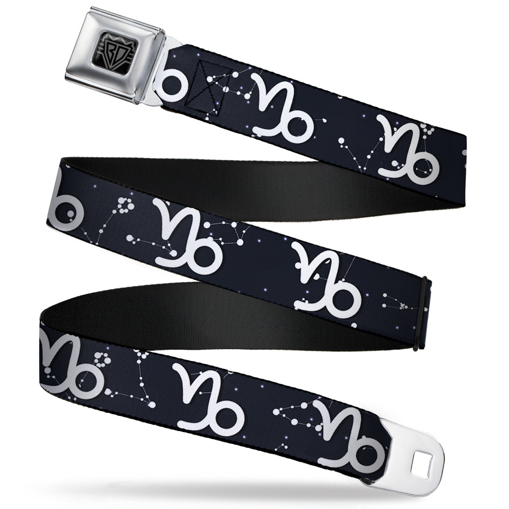 BD Wings Logo CLOSE-UP Full Color Black Silver Seatbelt Belt - Zodiac Capricorn Symbol/Constellations Black/White Webbing Seatbelt Belts Buckle-Down