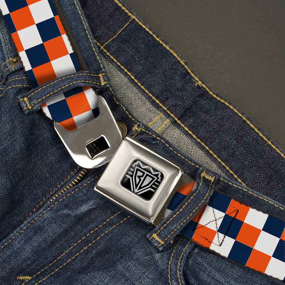 BD Wings Logo CLOSE-UP Full Color Black Silver Seatbelt Belt - Checker Navy/Orange/White Webbing Seatbelt Belts Buckle-Down