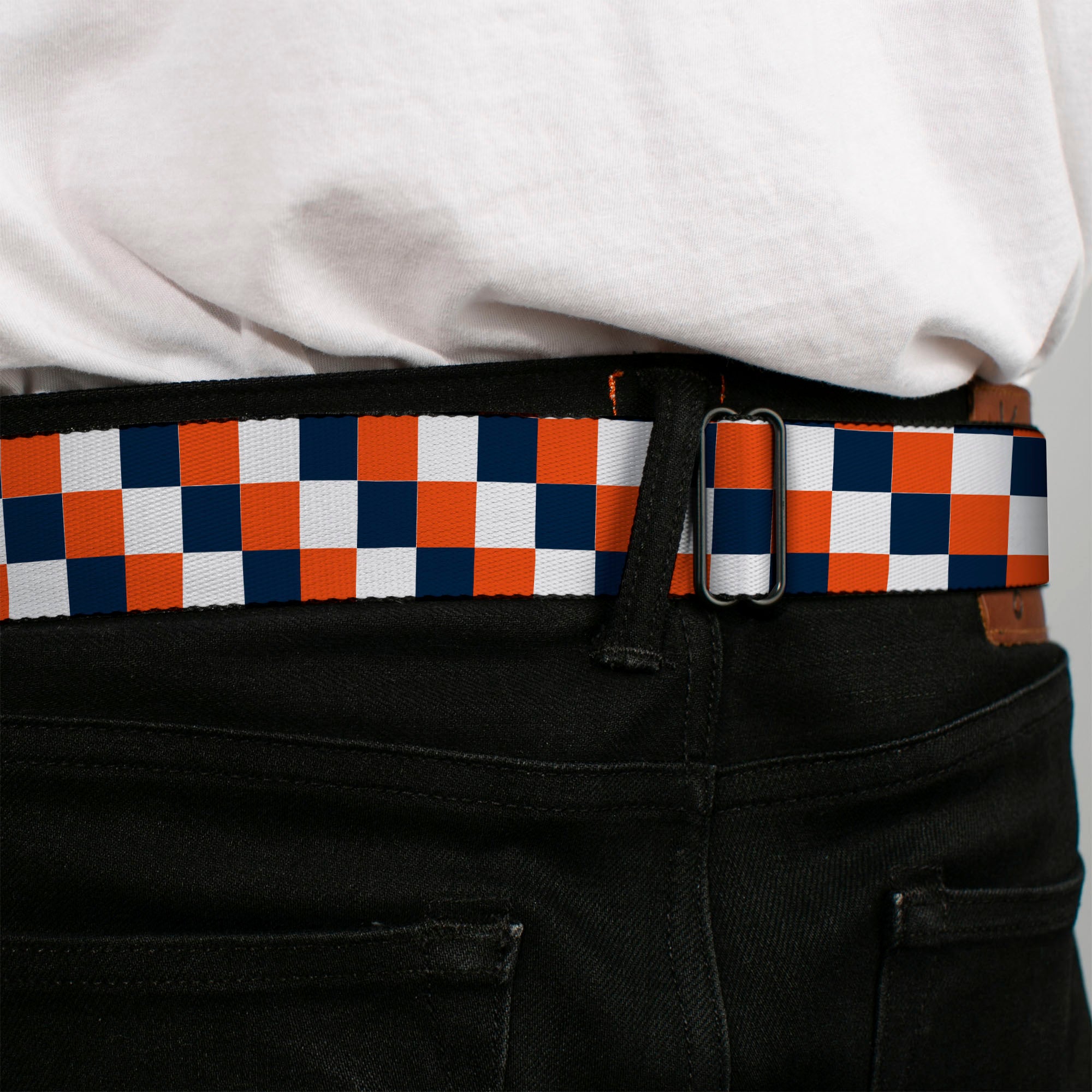 BD Wings Logo CLOSE-UP Full Color Black Silver Seatbelt Belt - Checker Navy/Orange/White Webbing Seatbelt Belts Buckle-Down