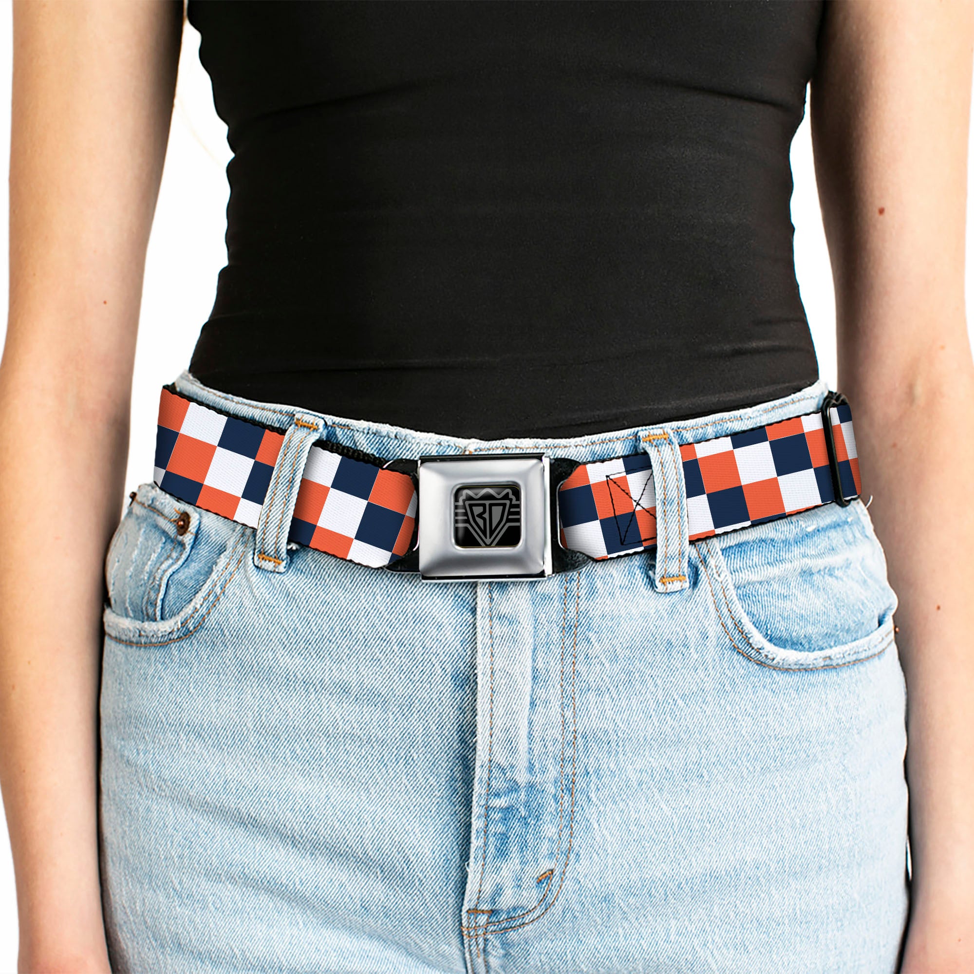 BD Wings Logo CLOSE-UP Full Color Black Silver Seatbelt Belt - Checker Navy/Orange/White Webbing Seatbelt Belts Buckle-Down
