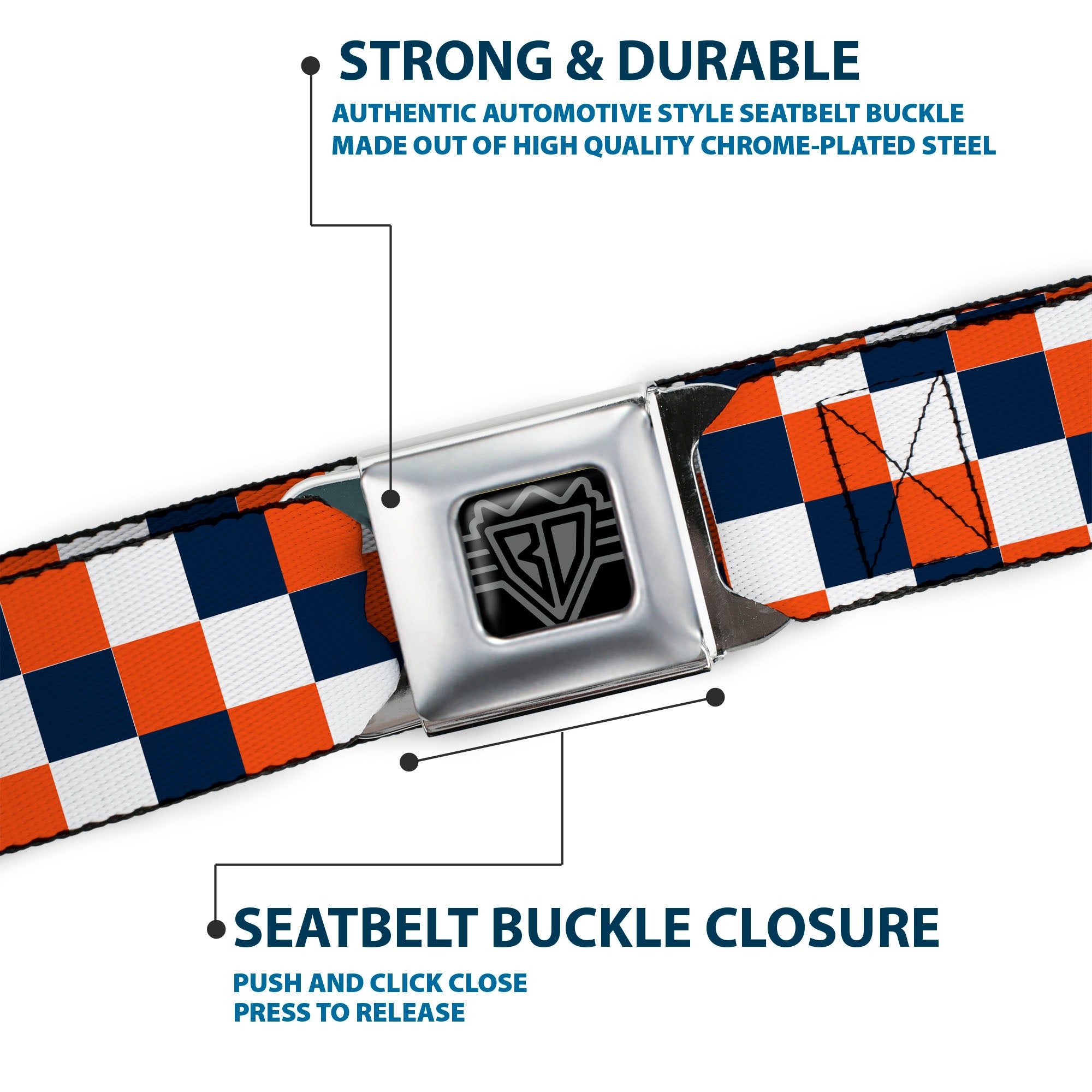 BD Wings Logo CLOSE-UP Full Color Black Silver Seatbelt Belt - Checker Navy/Orange/White Webbing Seatbelt Belts Buckle-Down