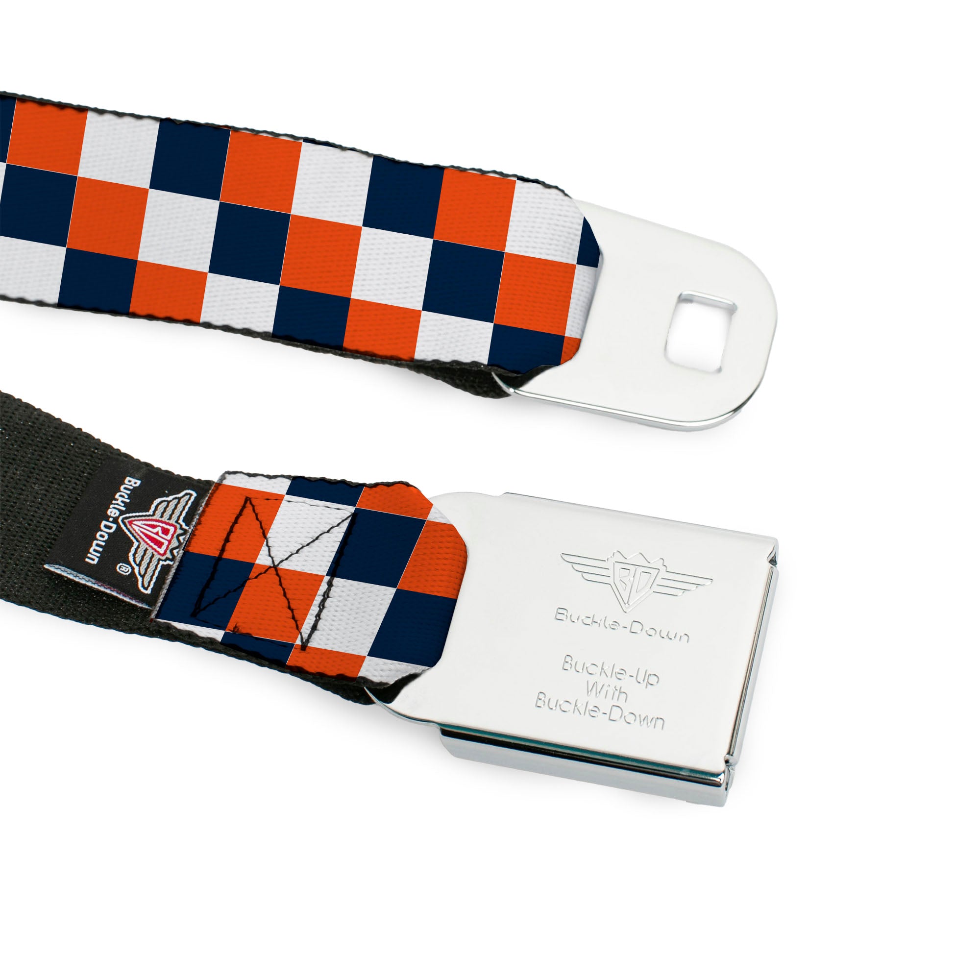 BD Wings Logo CLOSE-UP Full Color Black Silver Seatbelt Belt - Checker Navy/Orange/White Webbing Seatbelt Belts Buckle-Down