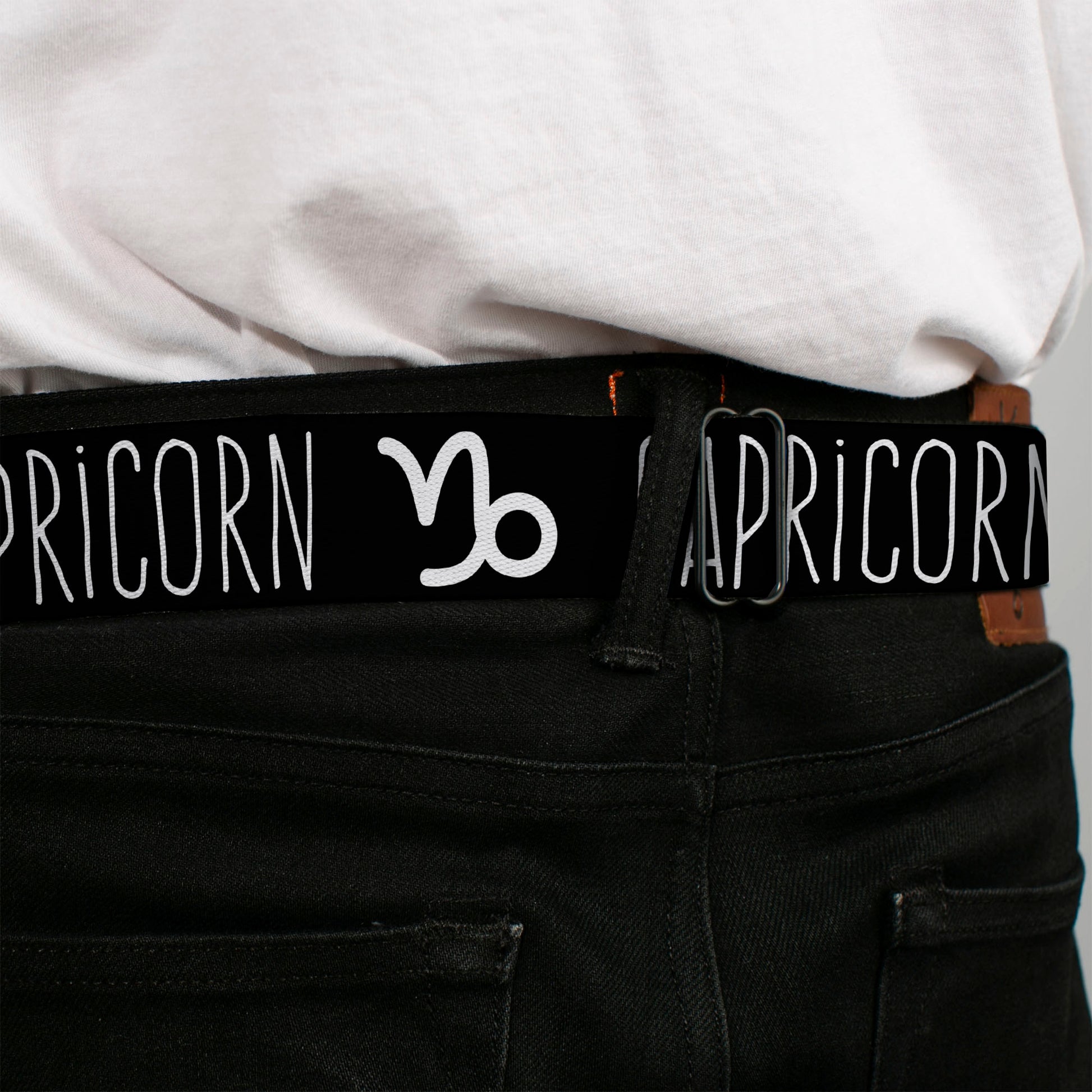 BD Wings Logo CLOSE-UP Full Color Black Silver Seatbelt Belt - Zodiac CAPRICORN/Symbol Black/White Webbing Seatbelt Belts Buckle-Down