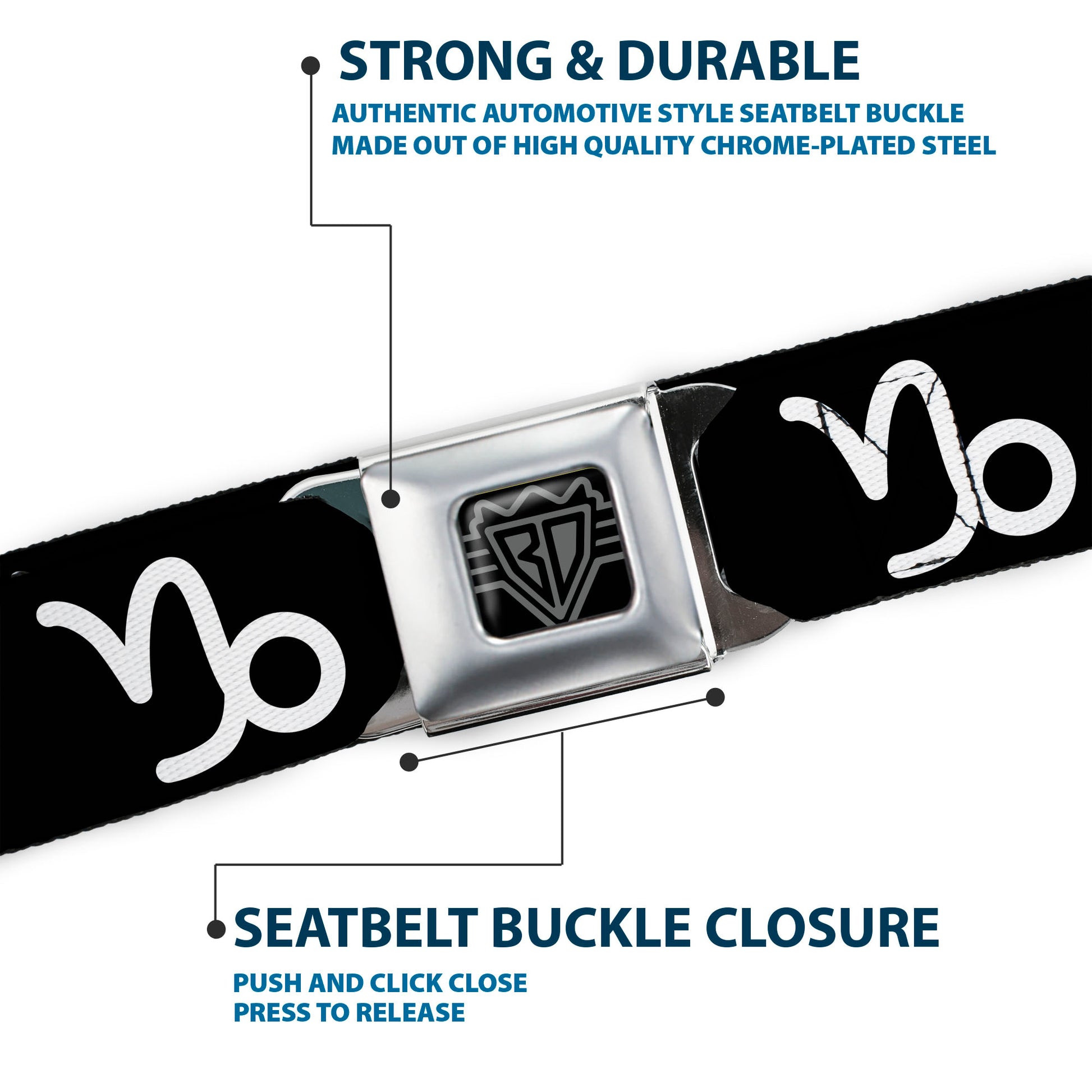 BD Wings Logo CLOSE-UP Full Color Black Silver Seatbelt Belt - Zodiac CAPRICORN/Symbol Black/White Webbing Seatbelt Belts Buckle-Down
