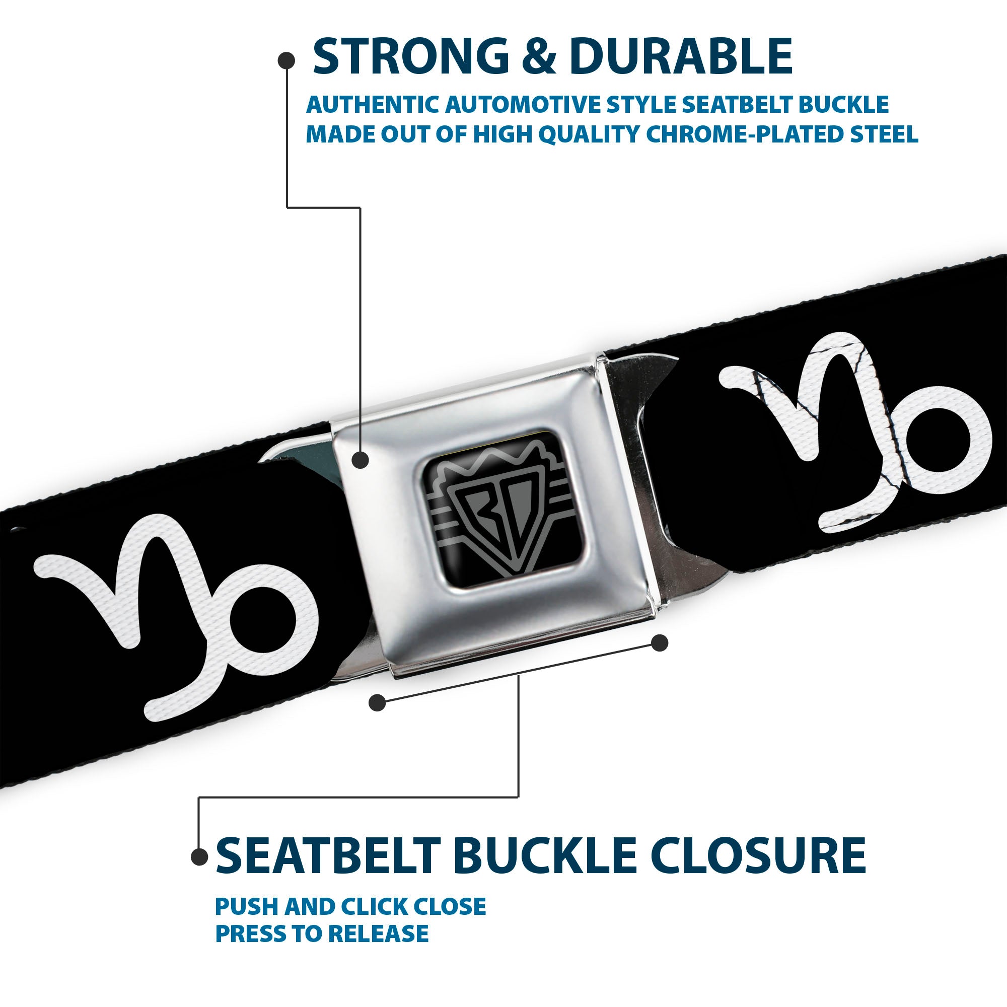 BD Wings Logo CLOSE-UP Full Color Black Silver Seatbelt Belt - Zodiac CAPRICORN/Symbol Black/White Webbing Seatbelt Belts Buckle-Down