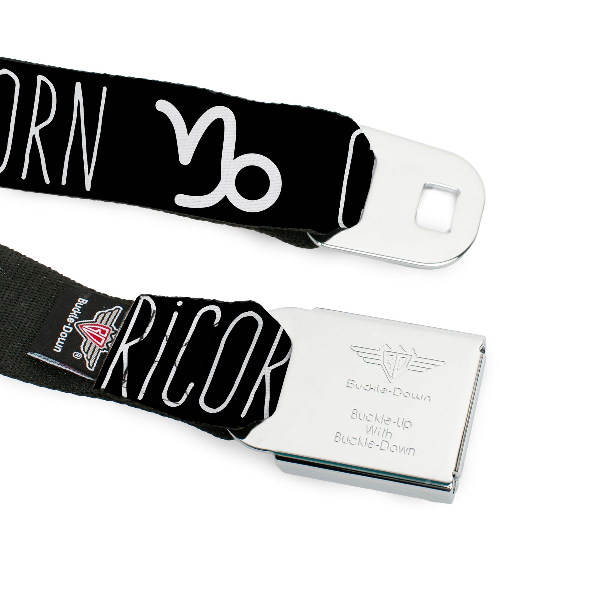 BD Wings Logo CLOSE-UP Full Color Black Silver Seatbelt Belt - Zodiac CAPRICORN/Symbol Black/White Webbing Seatbelt Belts Buckle-Down
