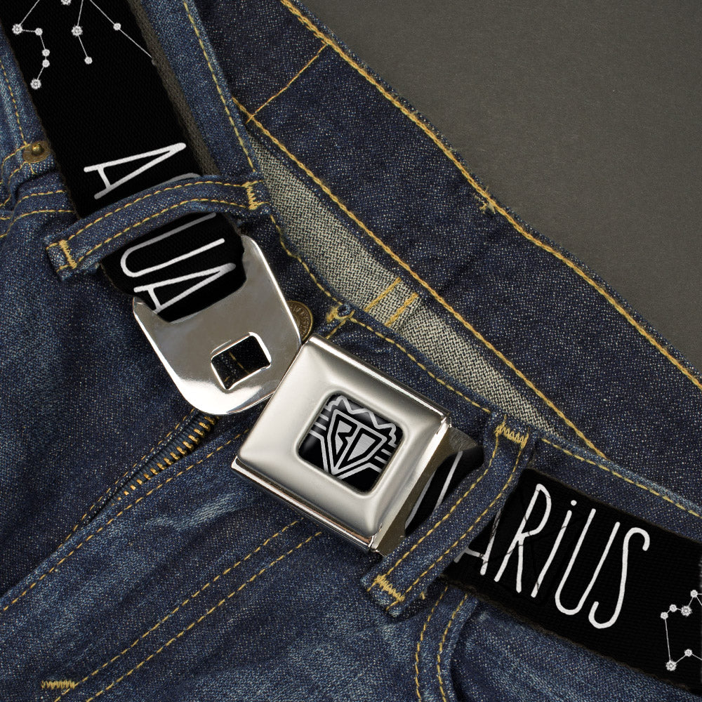 BD Wings Logo CLOSE-UP Full Color Black Silver Seatbelt Belt - Zodiac AQUARIUS/Constellation Black/White Webbing Seatbelt Belts Buckle-Down
