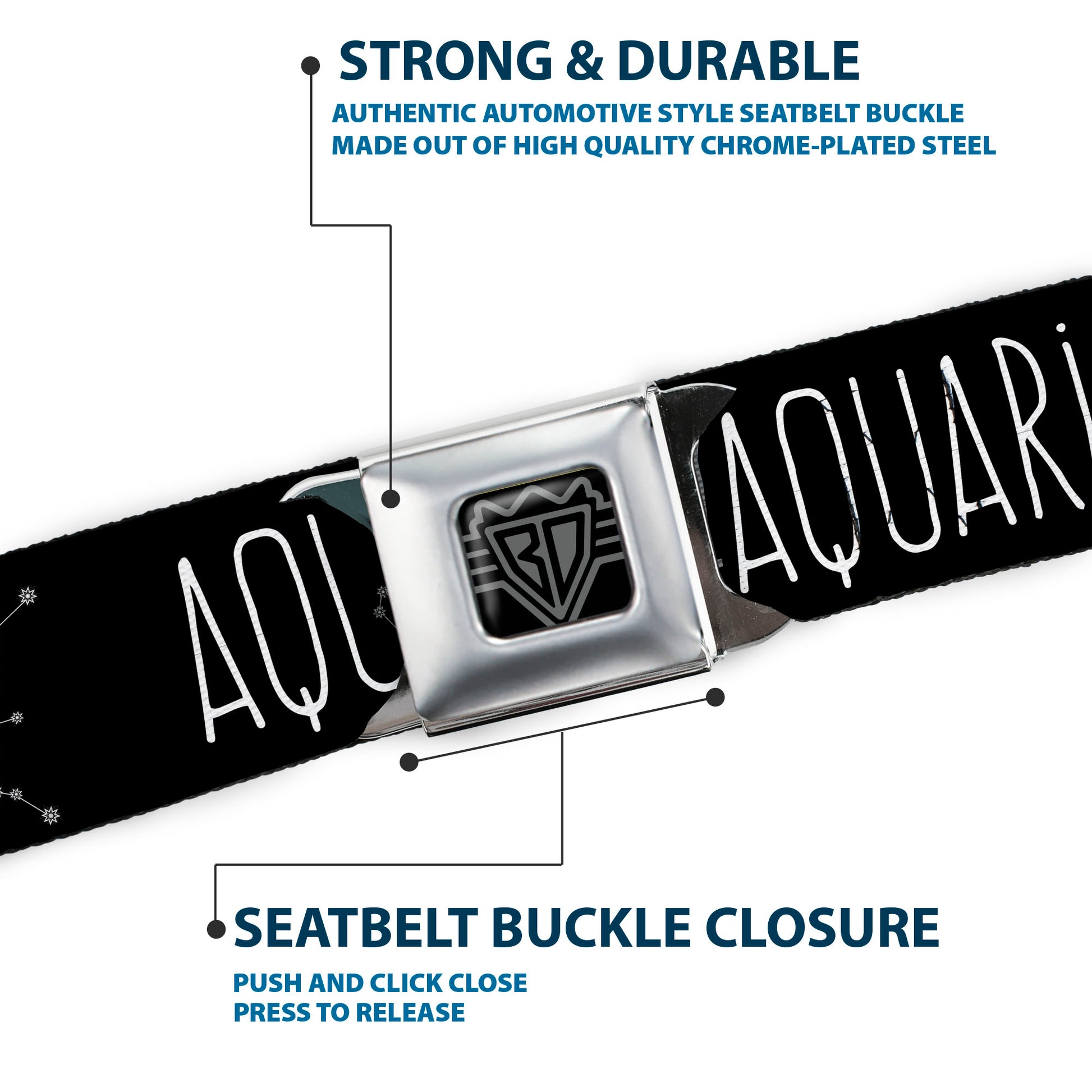 BD Wings Logo CLOSE-UP Full Color Black Silver Seatbelt Belt - Zodiac AQUARIUS/Constellation Black/White Webbing Seatbelt Belts Buckle-Down