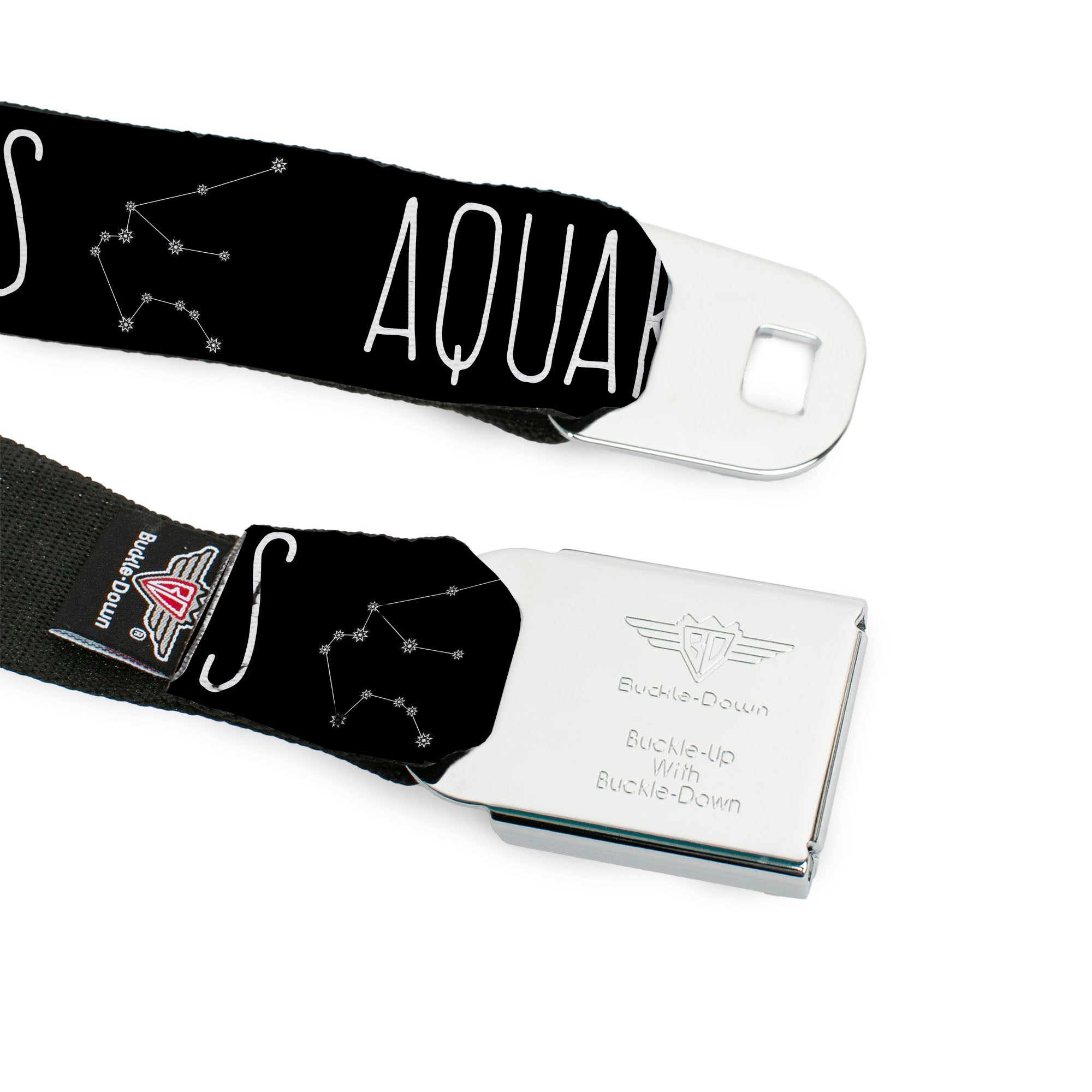 BD Wings Logo CLOSE-UP Full Color Black Silver Seatbelt Belt - Zodiac AQUARIUS/Constellation Black/White Webbing Seatbelt Belts Buckle-Down