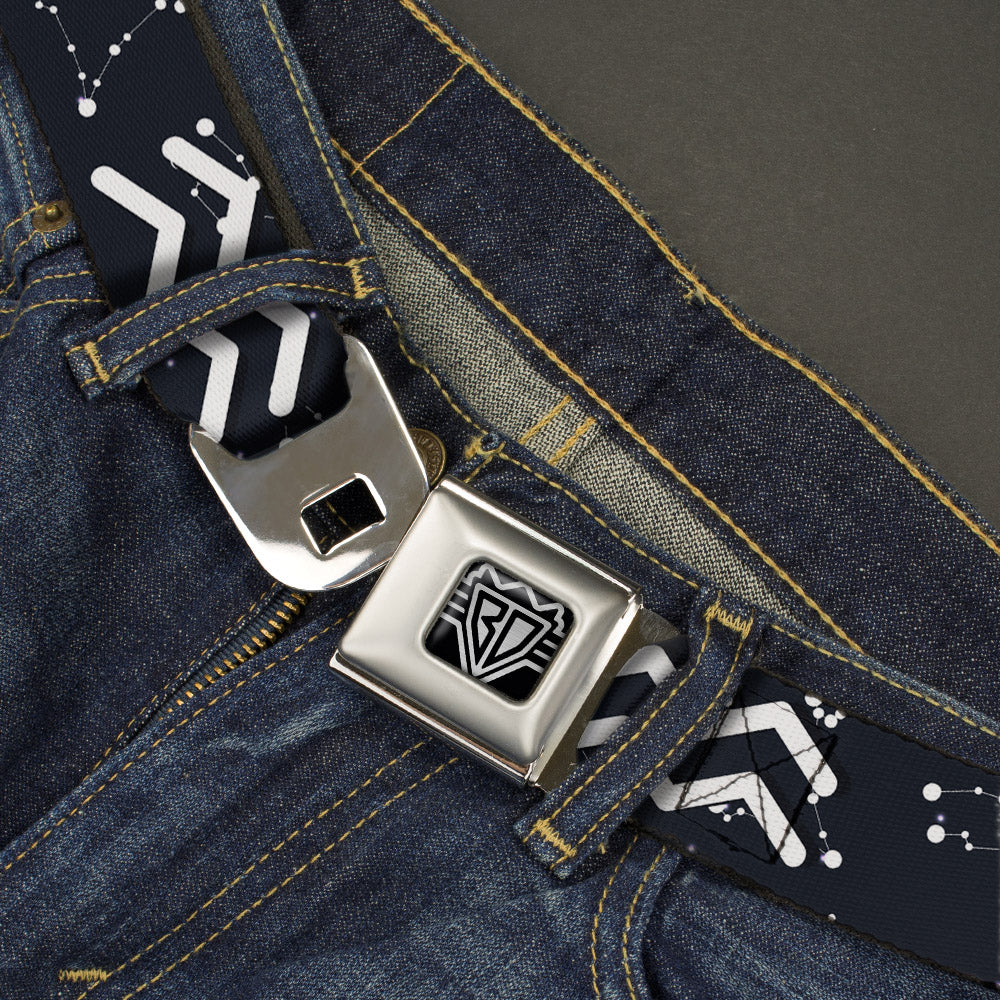 BD Wings Logo CLOSE-UP Full Color Black Silver Seatbelt Belt - Zodiac Aquarius Symbol/Constellations Black/White Webbing Seatbelt Belts Buckle-Down